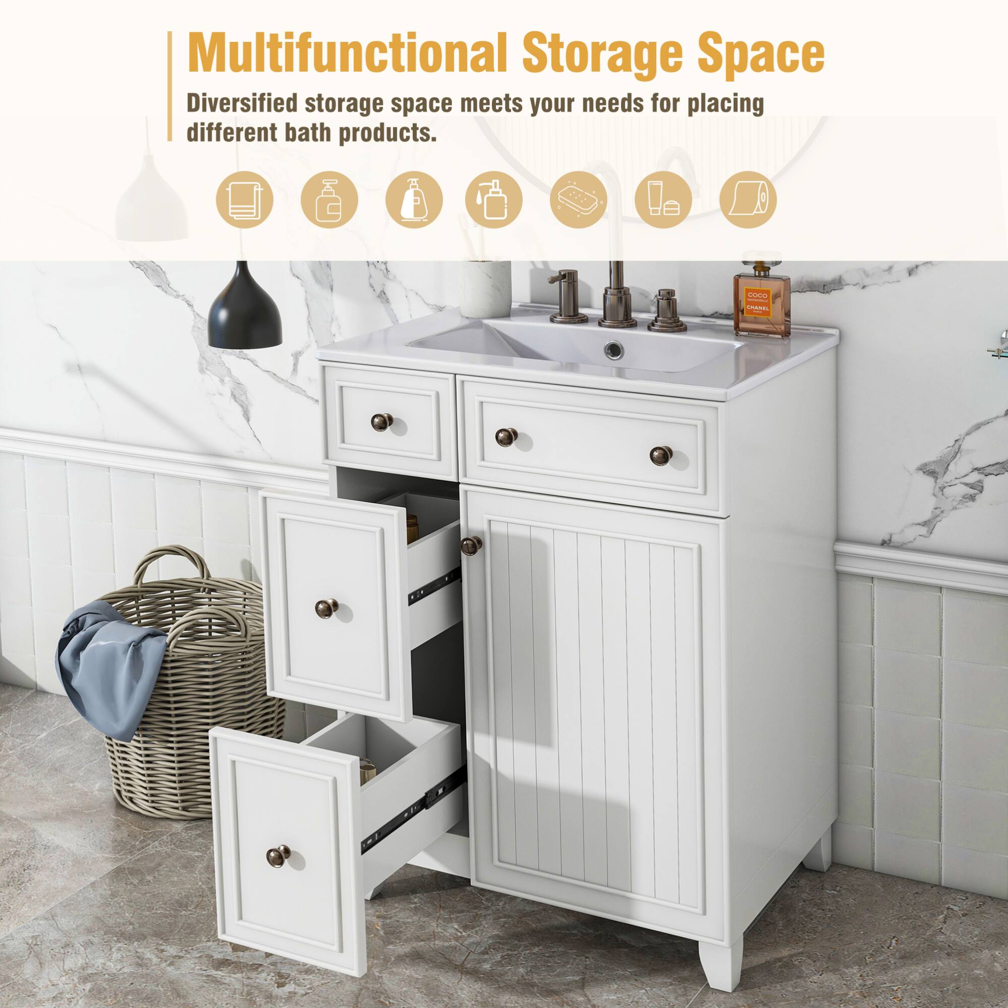 Multifunctional Storage Space  
Diversified storage space meets your needs for placing different bath products.