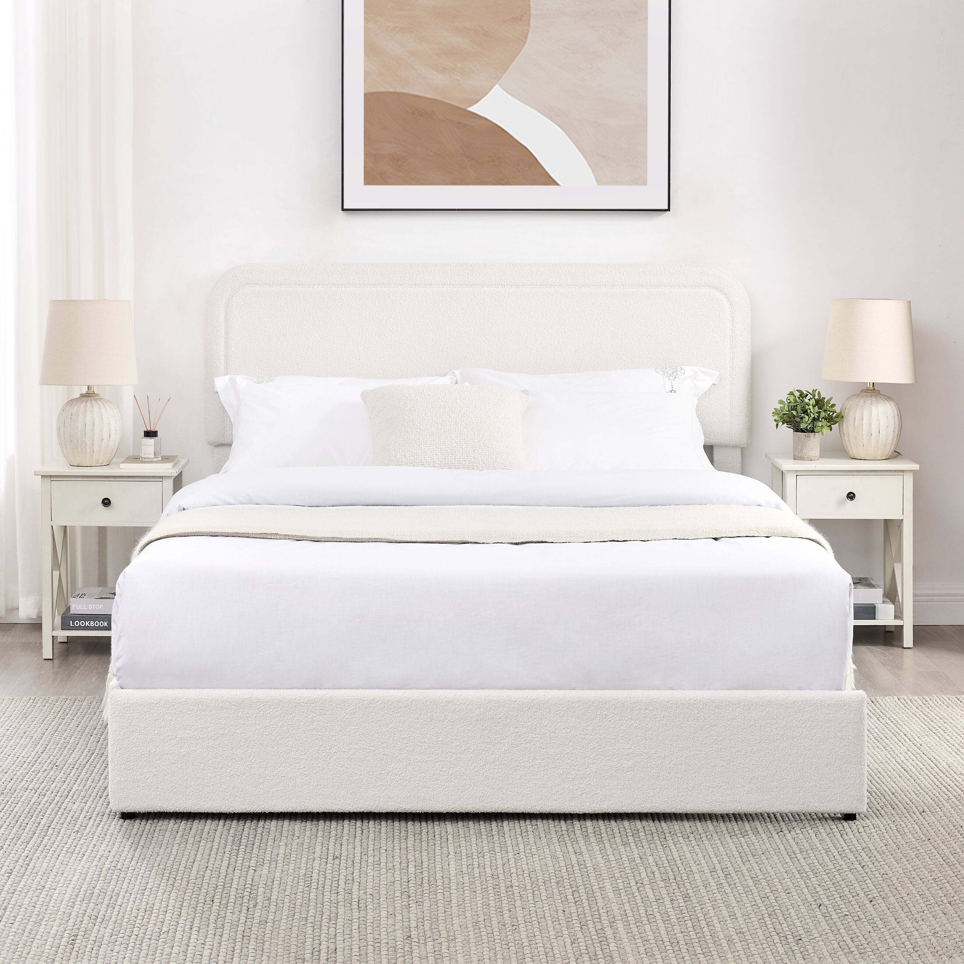 Left. GOODSILO - Queen Upholstered Platform Bed with 4 Storage Drawers & Tufted Headboard - Ivory.
