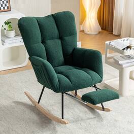 Anysun - Teddy Fabric Rocking Chair with Adjustable Footstool - High Back, Storage Pocket, Solid Wood & Metal Base - Green