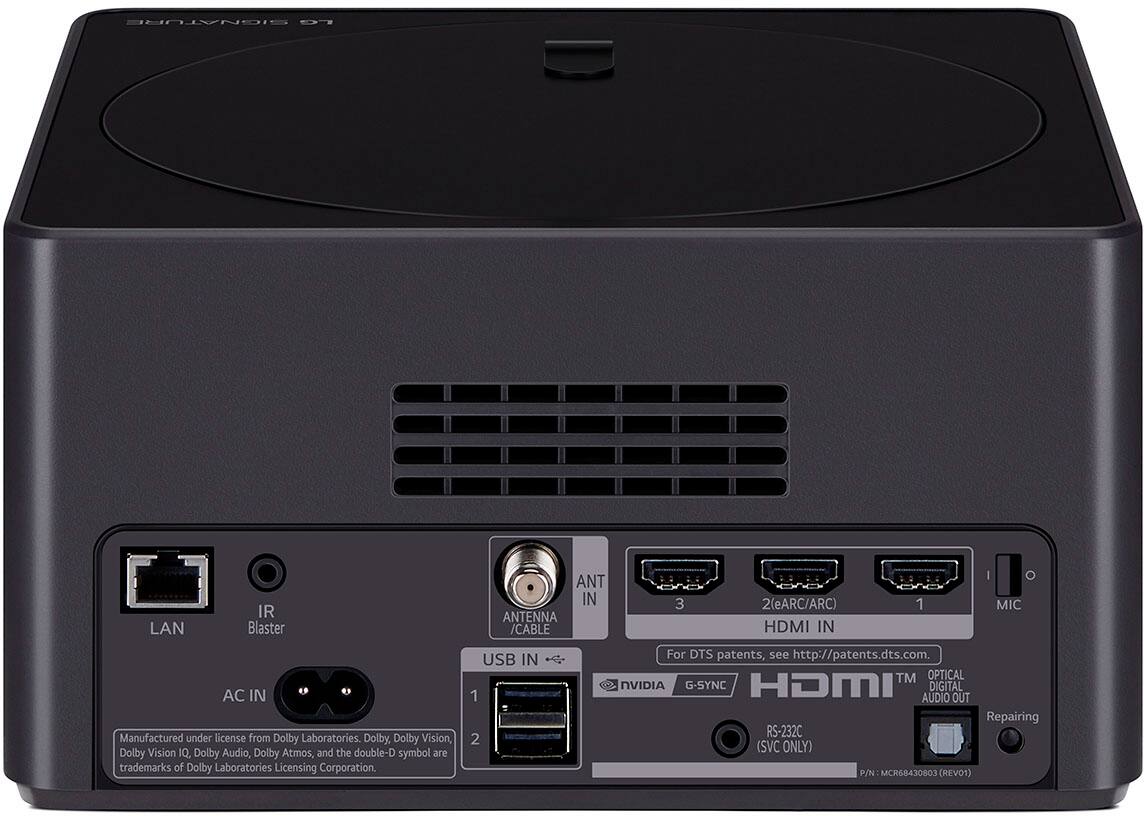 The text on the image reads:

"Signature D1 LAN IR Blaster ANT IN ANTENNA/CABLE 3 2(eARC/ARC) HDMI IN 1 I I O MIC AC IN Manufactured under license from Dolby Laboratories. Dolby, Dolby Vision, Dolby Vision IQ. Dolby Audio, Dolby Atmos, and the double-D symbol are trademarks of Dolby Laboratories Licensing Corporation. USB IN 1 2 For DTS patents, see <http://patents.dts.com>. TM OPTICAL NVIDIA G-SYNC HDMI DIGITAL AUDIO OUT Repairing RS-232C (SVC ONLY) P/N MCR68430803 (REVO1)"