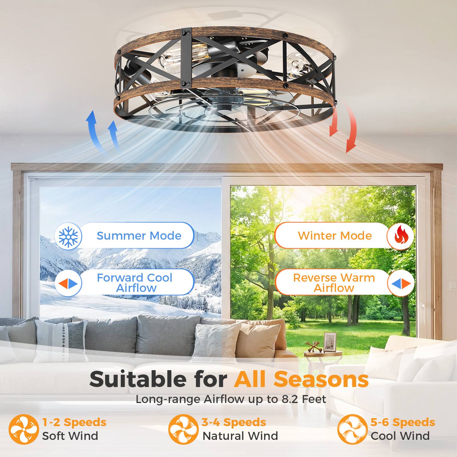 Summer Mode  
Forward Cool Airflow  

Winter Mode  
Reverse Warm Airflow  

Suitable for All Seasons  
Long-range Airflow up to 8.2 Feet  

1-2 Speeds  
Soft Wind  

3-4 Speeds  
Natural Wind  

5-6 Speeds  
Cool Wind