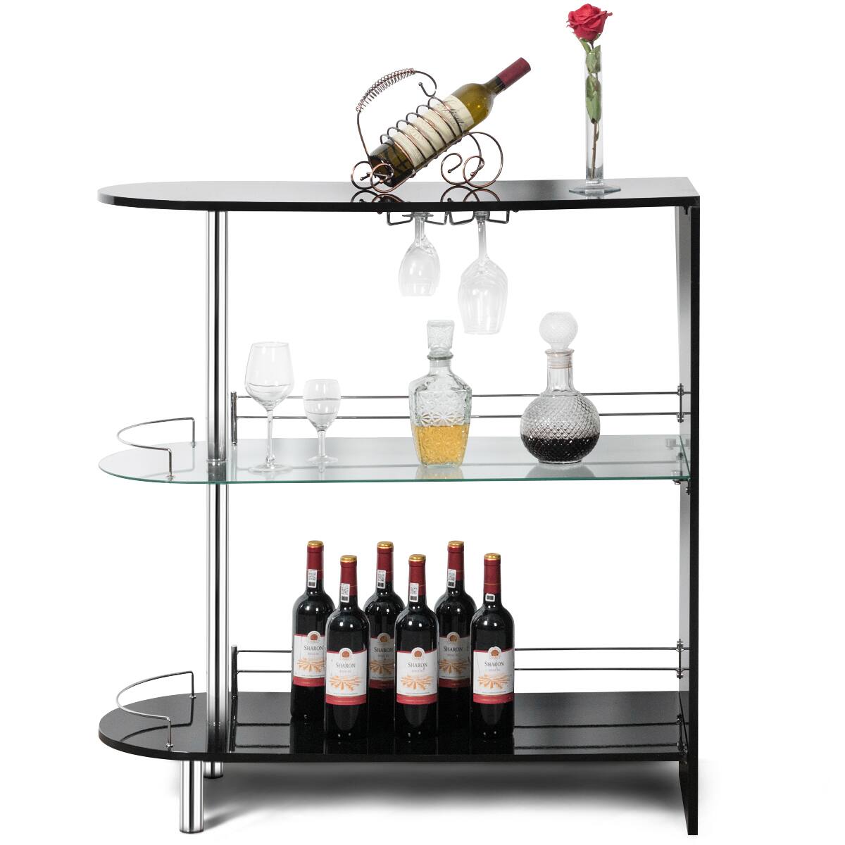 Alt View 3. Costway - Wine Rack Unit w/Tempered Glass Shelf & Glass Holders Glossy - Black.