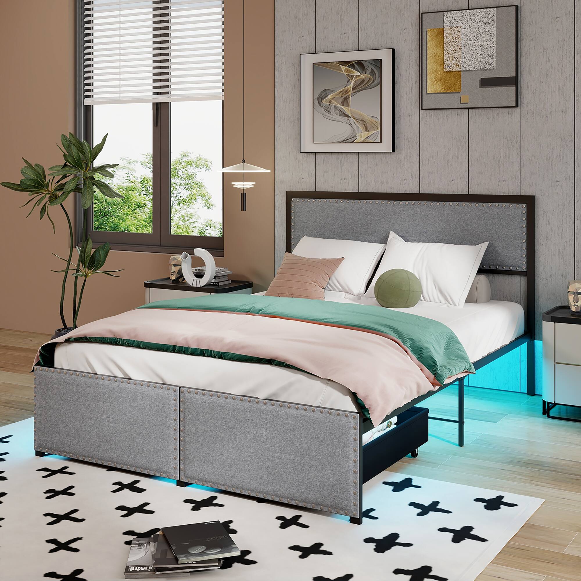 Alt View 1. Gymax - Gymax Full Size Bed Frame w/ 2 Storage Drawers LED Lights Slats Support Modern - Gray.