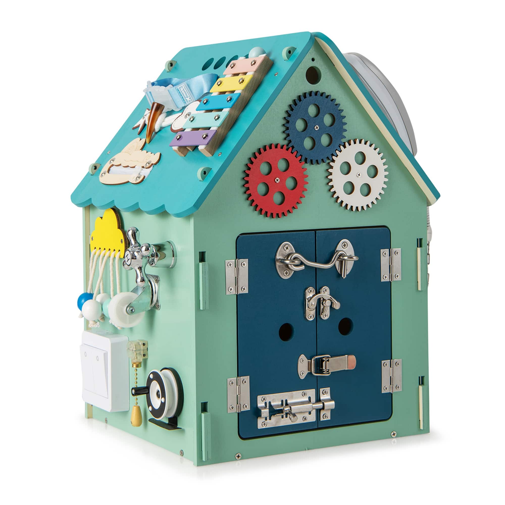 Costway - Wooden Busy House Montessori Toy with Sensory Games & Interior Storage Space - Blue