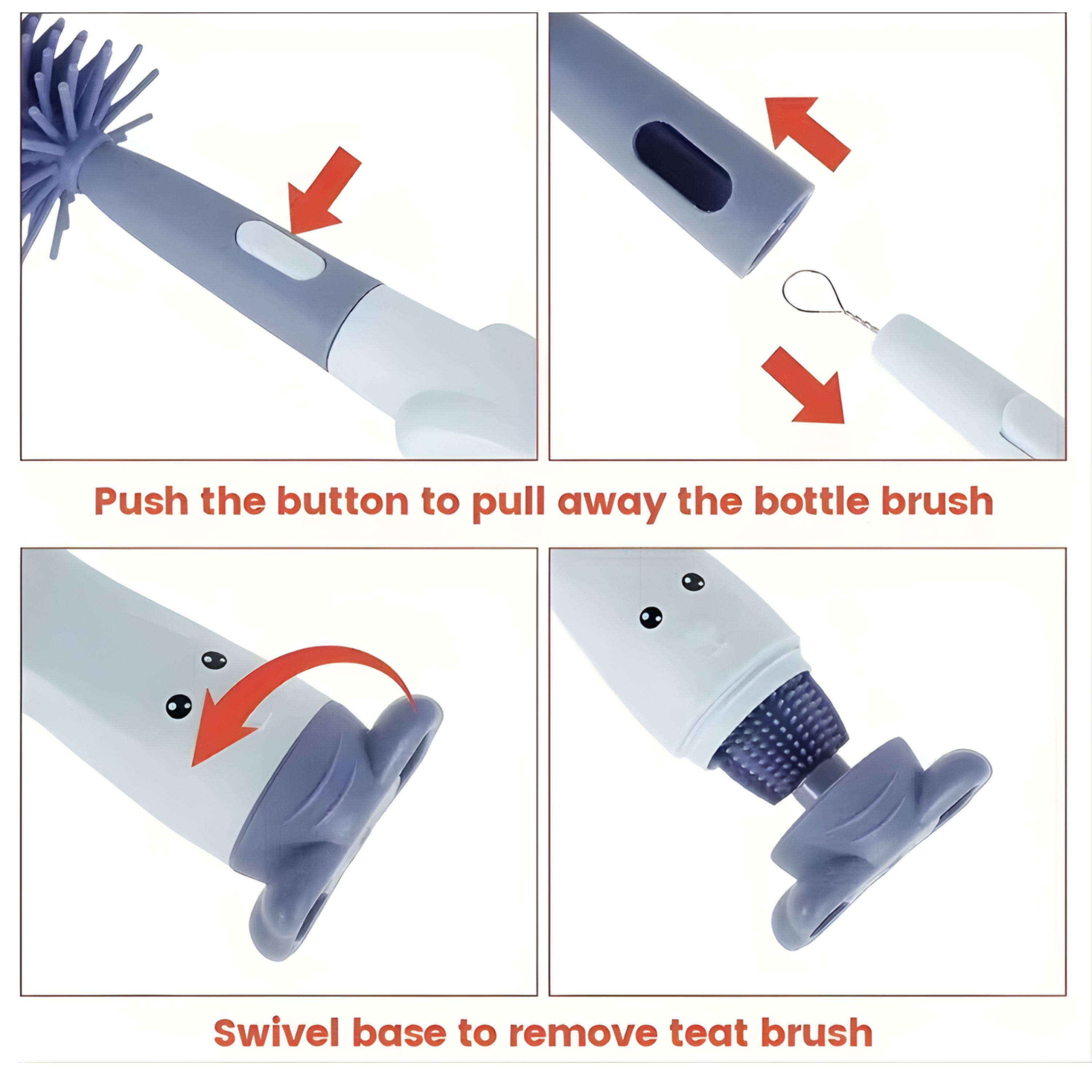 Push the button to pull away the bottle brush  
Swivel base to remove teat brush