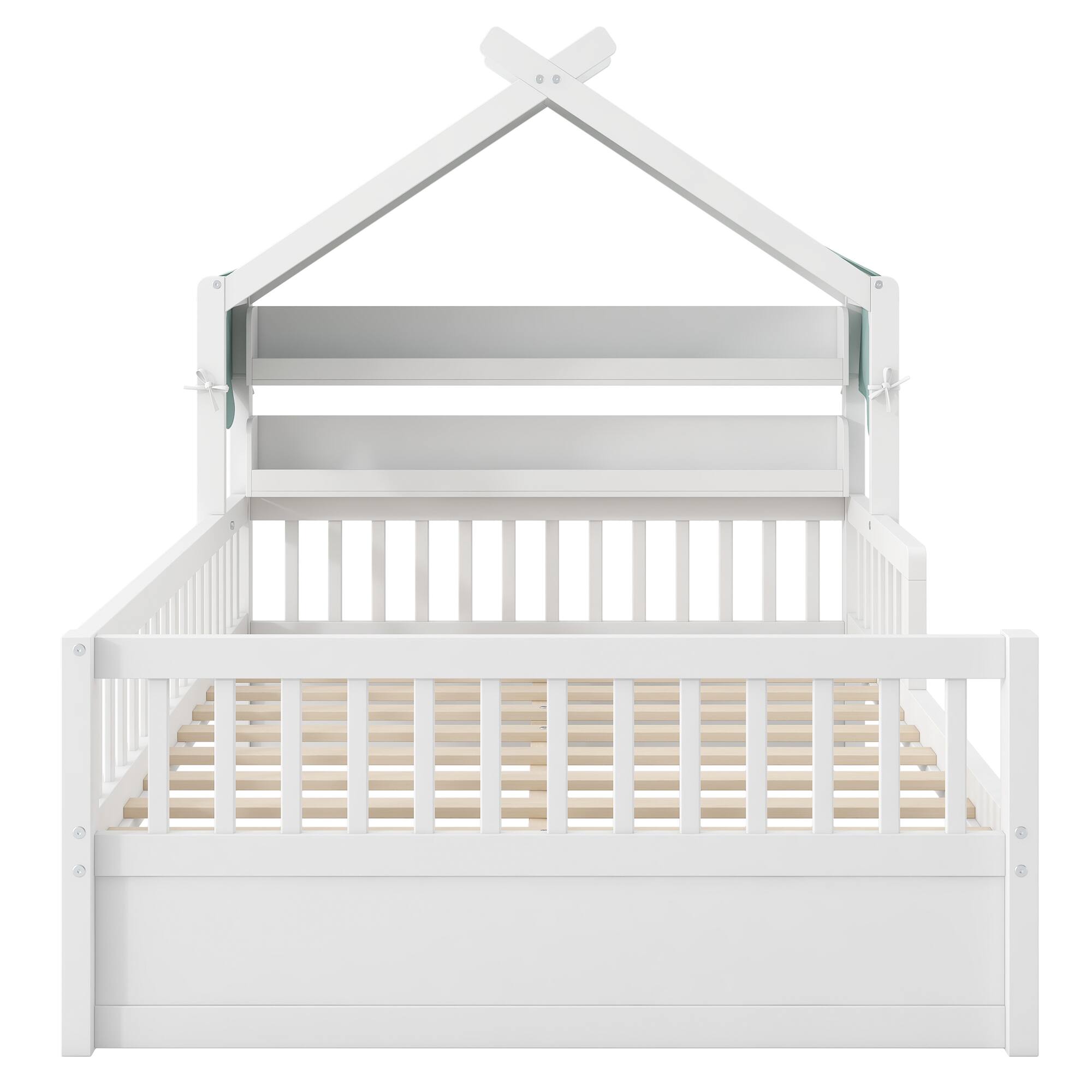 Back. Whisen - Wooden House Platform Bed with Storage Headboard Shelf and Fabric Canopy - White.