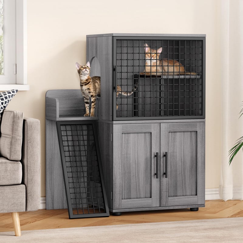 GARVEE - Modern Double Layer Hidden Litter Box Enclosure With Platform，Villa Cabinet With Ladder, Cat Washroom - Walnut