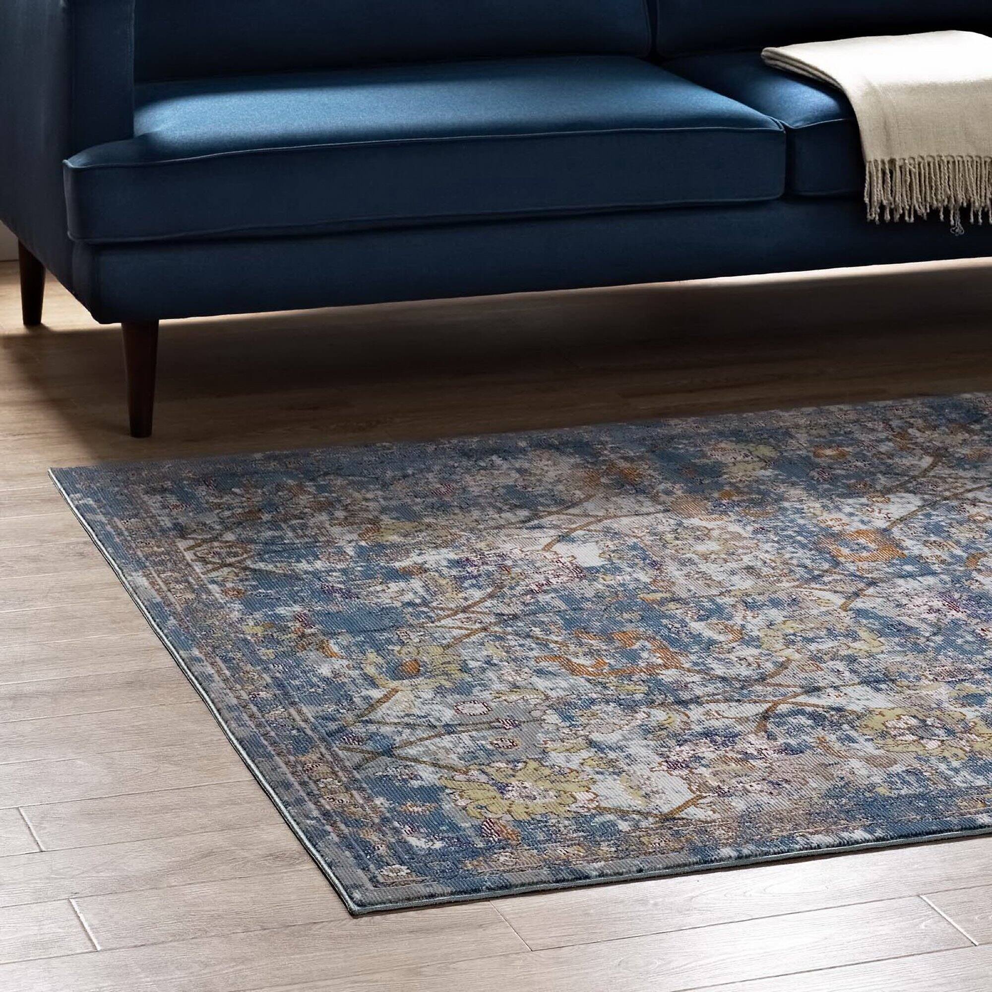 Back. Modway - Minu Distressed Floral Lattice Area Rug - Blue Gray Yellow and Orange.