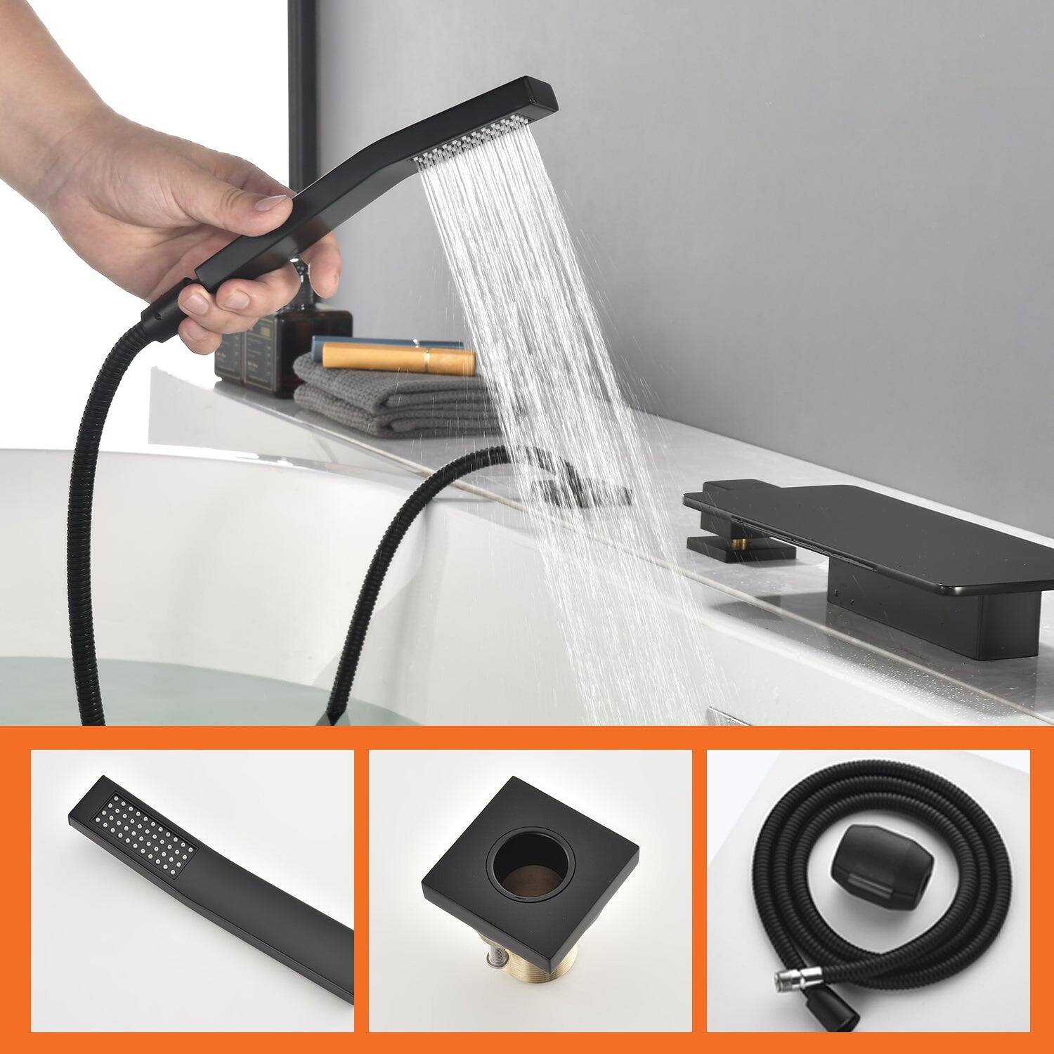 Alt View 3. Boyel Living - 11.2 in.W Black Rectangle Bathtub Faucet Hot Cold Control Waterfall Spout Handheld Shower High Capacity - Matte Black.