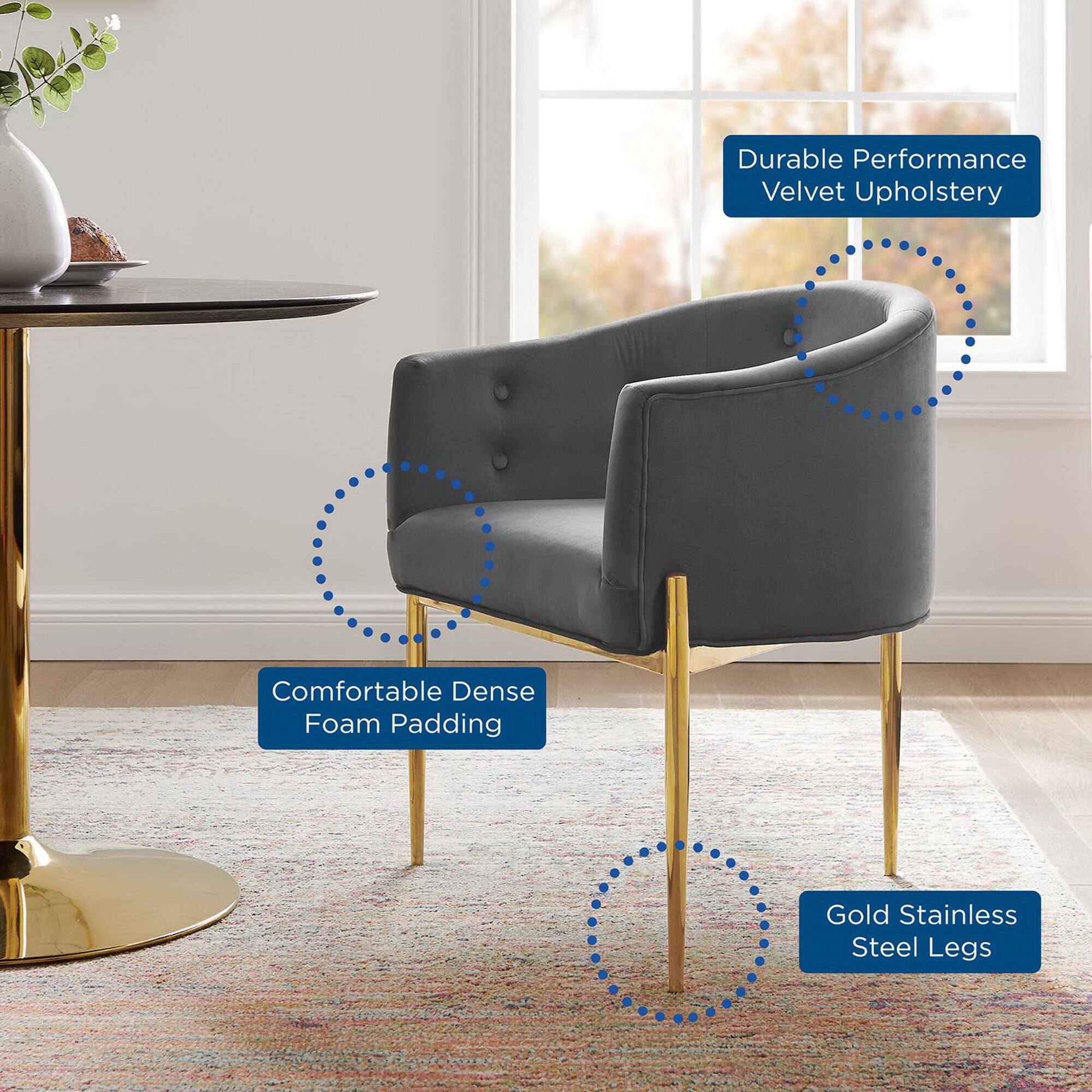 - Durable Performance Velvet Upholstery
- Comfortable Dense Foam Padding
- Gold Stainless Steel Legs