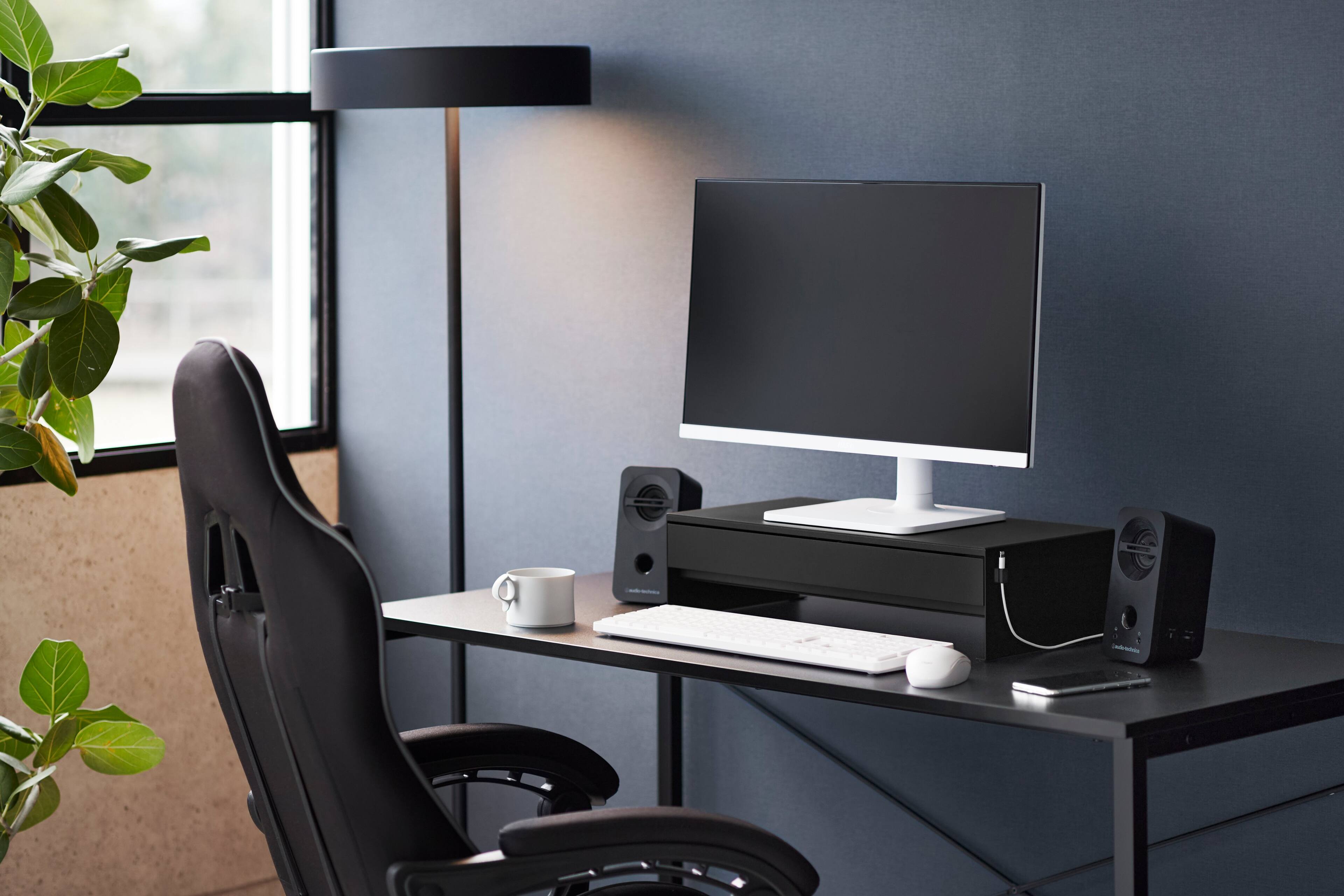 Front. Yamazaki Home - Monitor Stand With Drawer - Steel BK - Black.