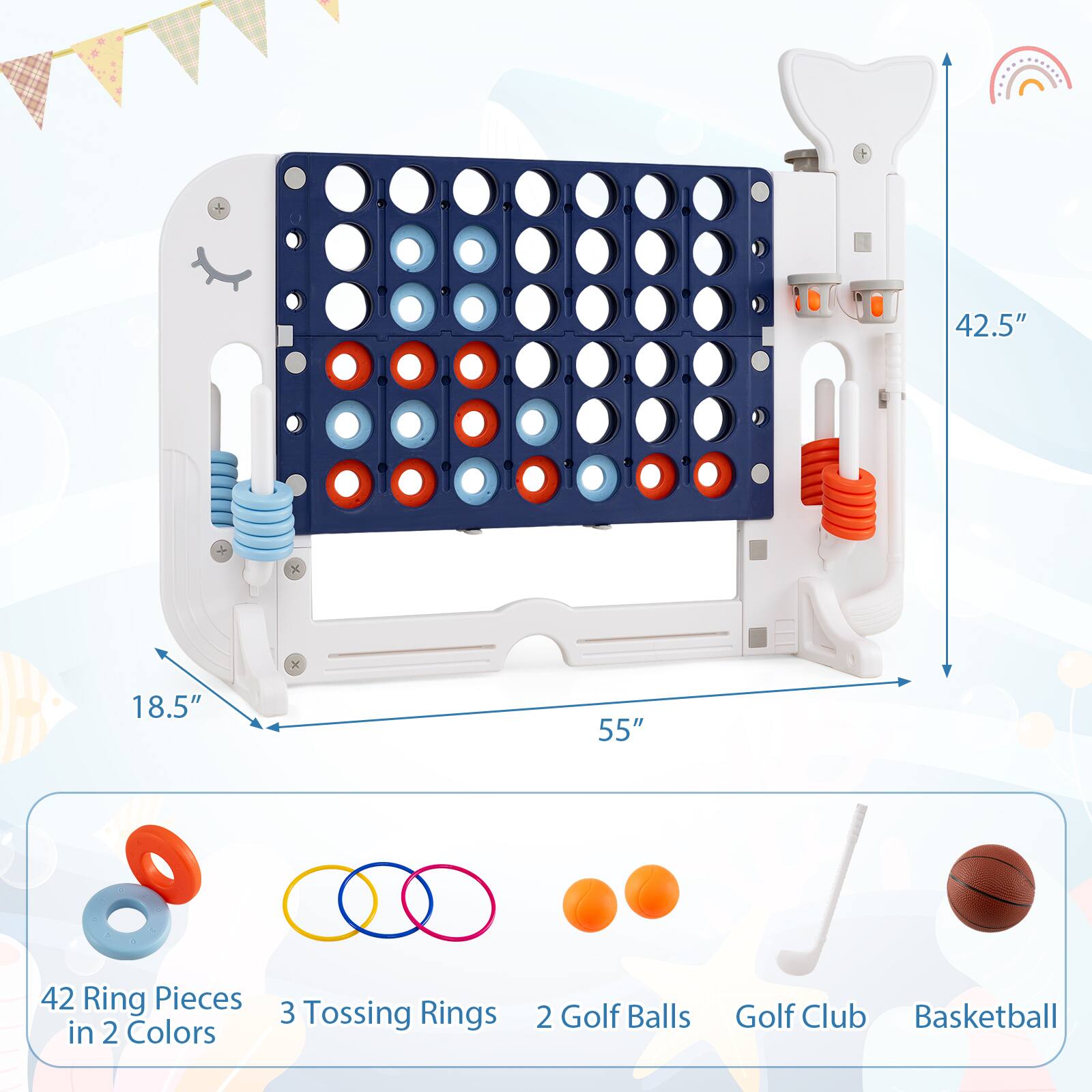 42.5" x 18.5" x 55"  
42 Ring Pieces in 2 Colors  
3 Tossing Rings  
2 Golf Balls  
Golf Club  
Basketball