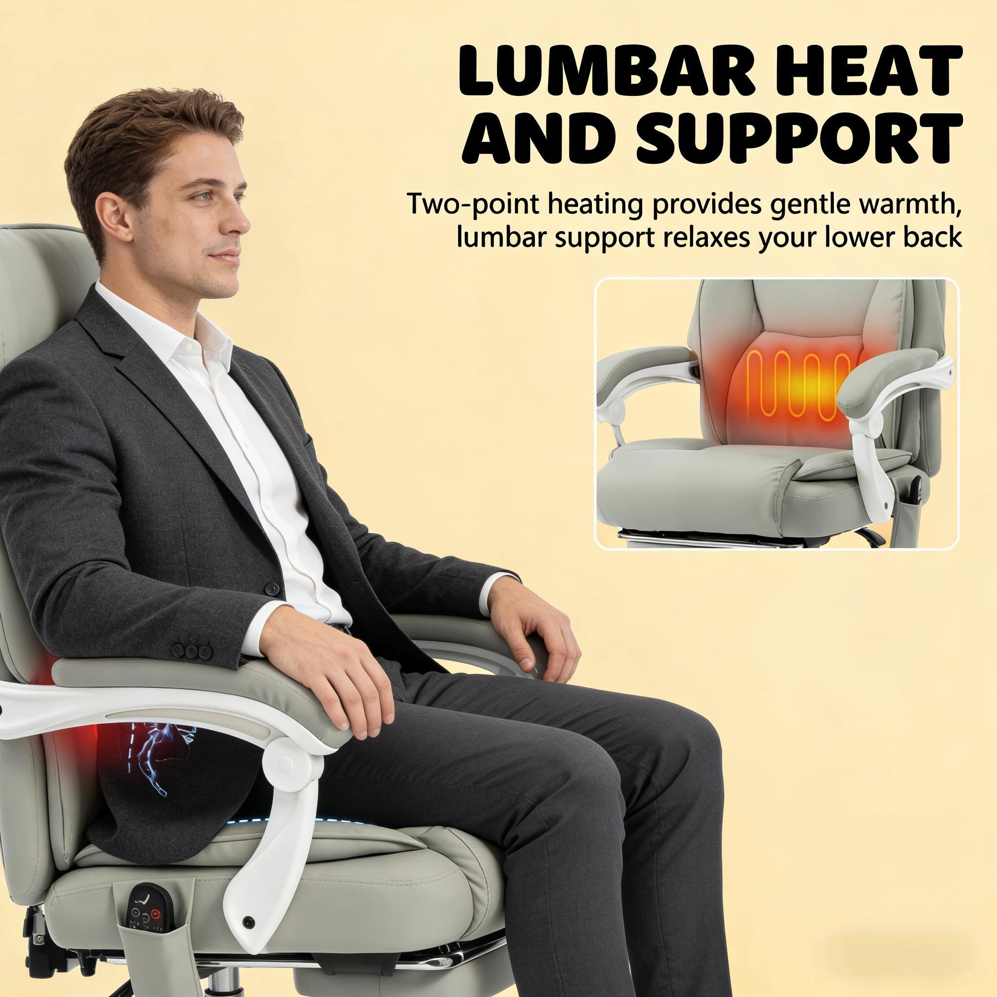 LUMBAR HEAT AND SUPPORT

Two-point heating provides gentle warmth, lumbar support relaxes your lower back.