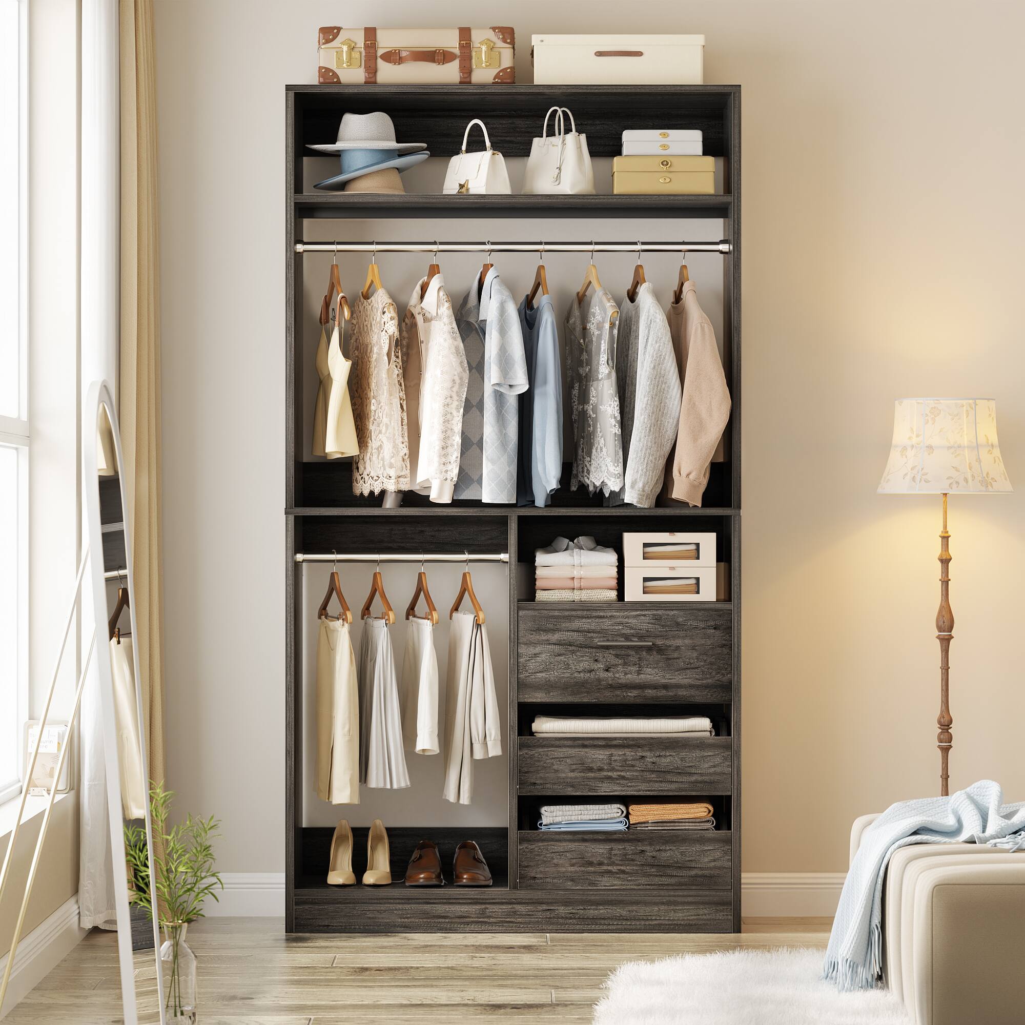 Angle. Aheaplus - 108"W x 16"D x 80"H 3-Piece Heavy Duty Closet Organizer System with Drawers & Rods - Gray Oak.