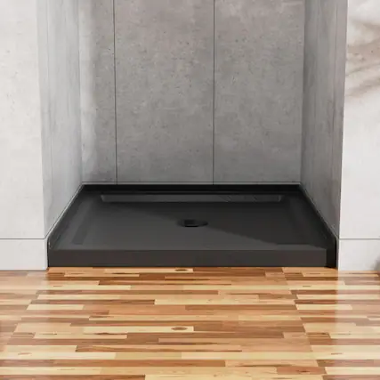 Front. JUJABU - 36"x36" Shower Base 3.5" Height Anti-slip Acrylic Center Drain Single Threshold Shower Base in Slate Black - Black.