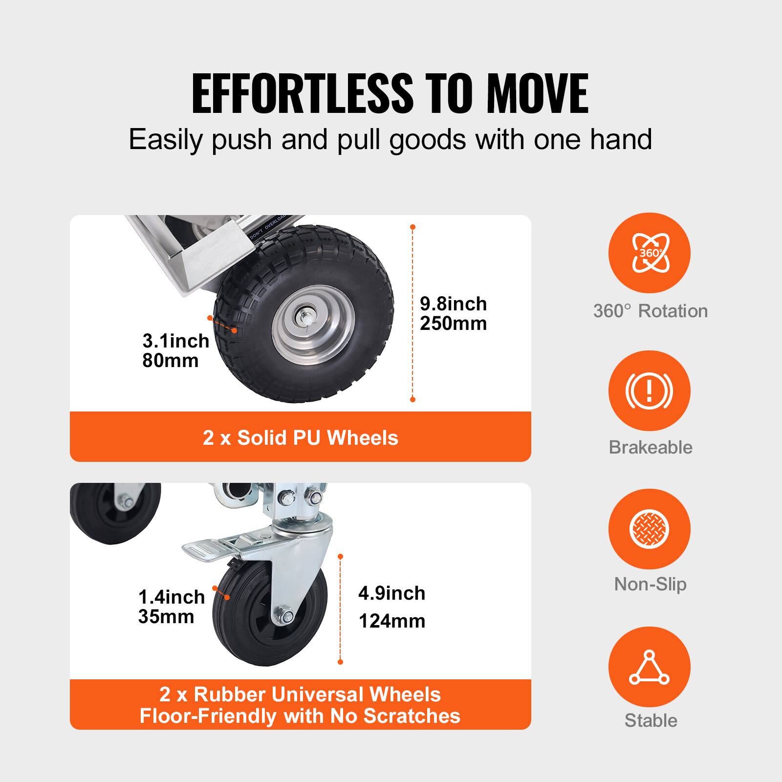 EFFORTLESS TO MOVE  
Easily push and pull goods with one hand  

- 2 x Solid PU Wheels  
  - 3.1 inch / 80mm  
  - 9.8 inch / 250mm  
  - 360° Rotation  
  - Brakeable  

- 2 x Rubber Universal Wheels  
  - 1.4 inch / 35mm  
  - 4.9 inch / 124mm  
  - Floor-Friendly with No Scratches  
  - Non-Slip  
  - Stable
