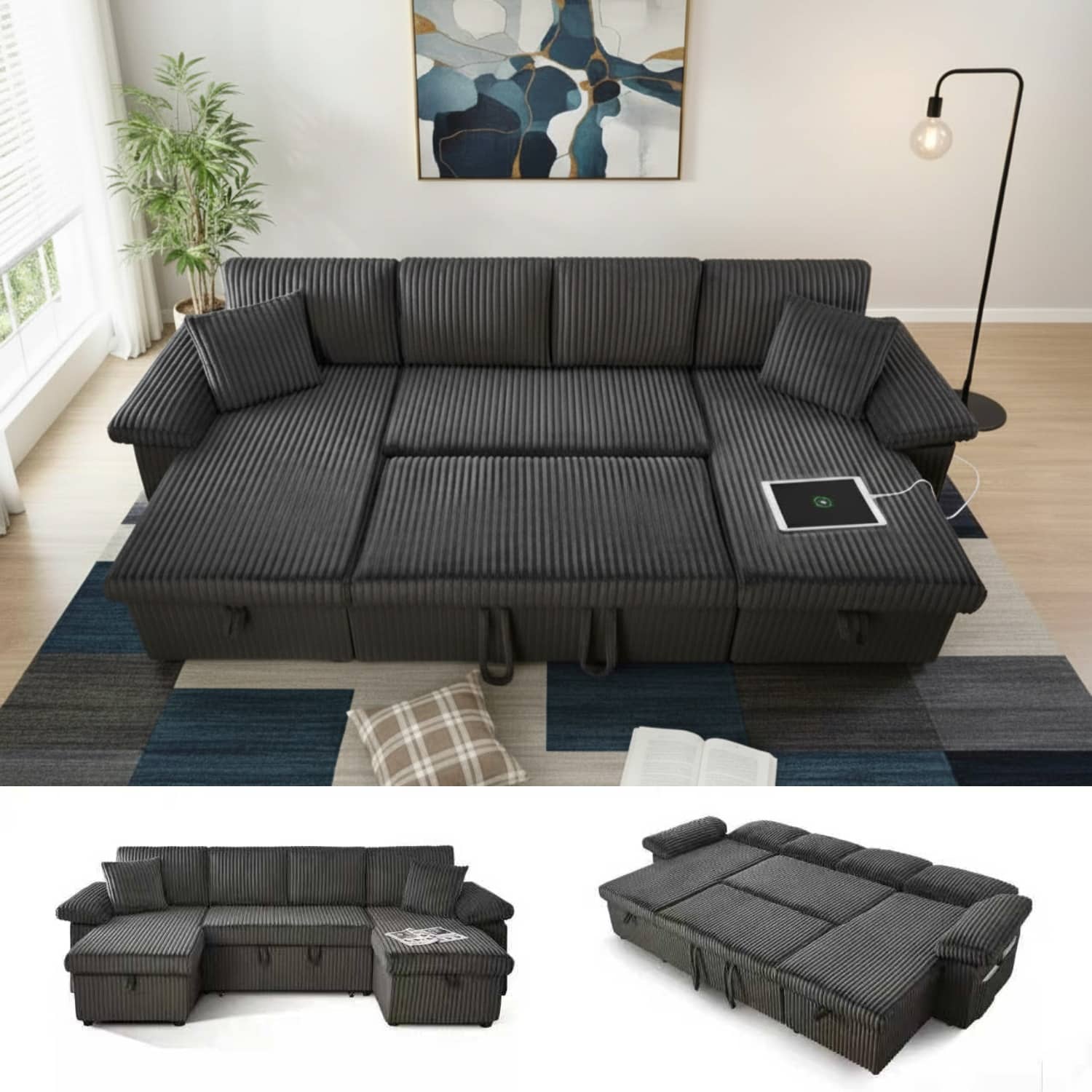 Tiramisubest - Modular Sectional Sofa, 113" Sectional Couch with Pull Out Couch Bed for Living Room Bedroom (Dark Grey) - Dark Gray