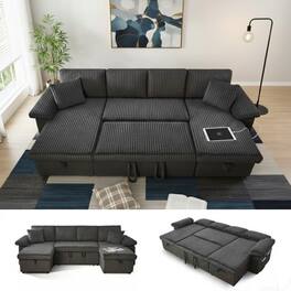 Tiramisubest - Modular Sectional Sofa, 113" Sectional Couch with Pull Out Couch Bed for Living Room Bedroom (Dark Grey) - Dark Gray