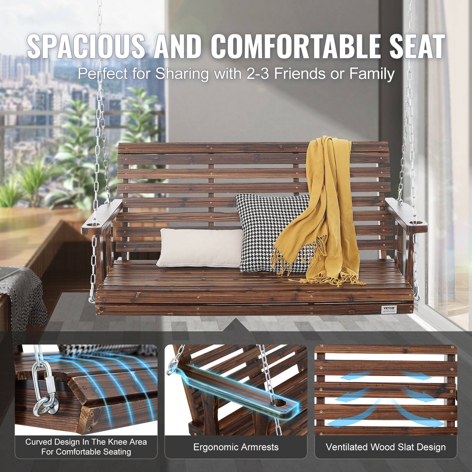 SPACIOUS AND COMFORTABLE SEAT
Perfect for Sharing with 2-3 Friends or Family

- Curved Design in the Knee Area for Comfortable Seating
- Ergonomic Armrests
- Ventilated Wood Slat Design
