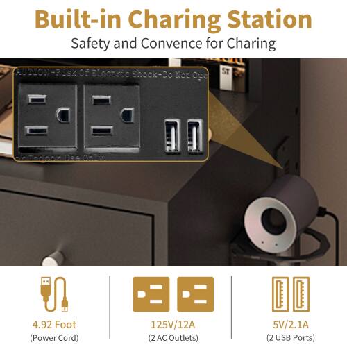 Built-in Charging Station  
Safety and Convenience for Charging  

**CAUTION:** Risk of Electric Shock - Do Not Open  

**Specifications:**  
- 4.92 Foot (Power Cord)  
- 125V/12A (2 AC Outlets)  
- 5V/2.1A (2 USB Ports)