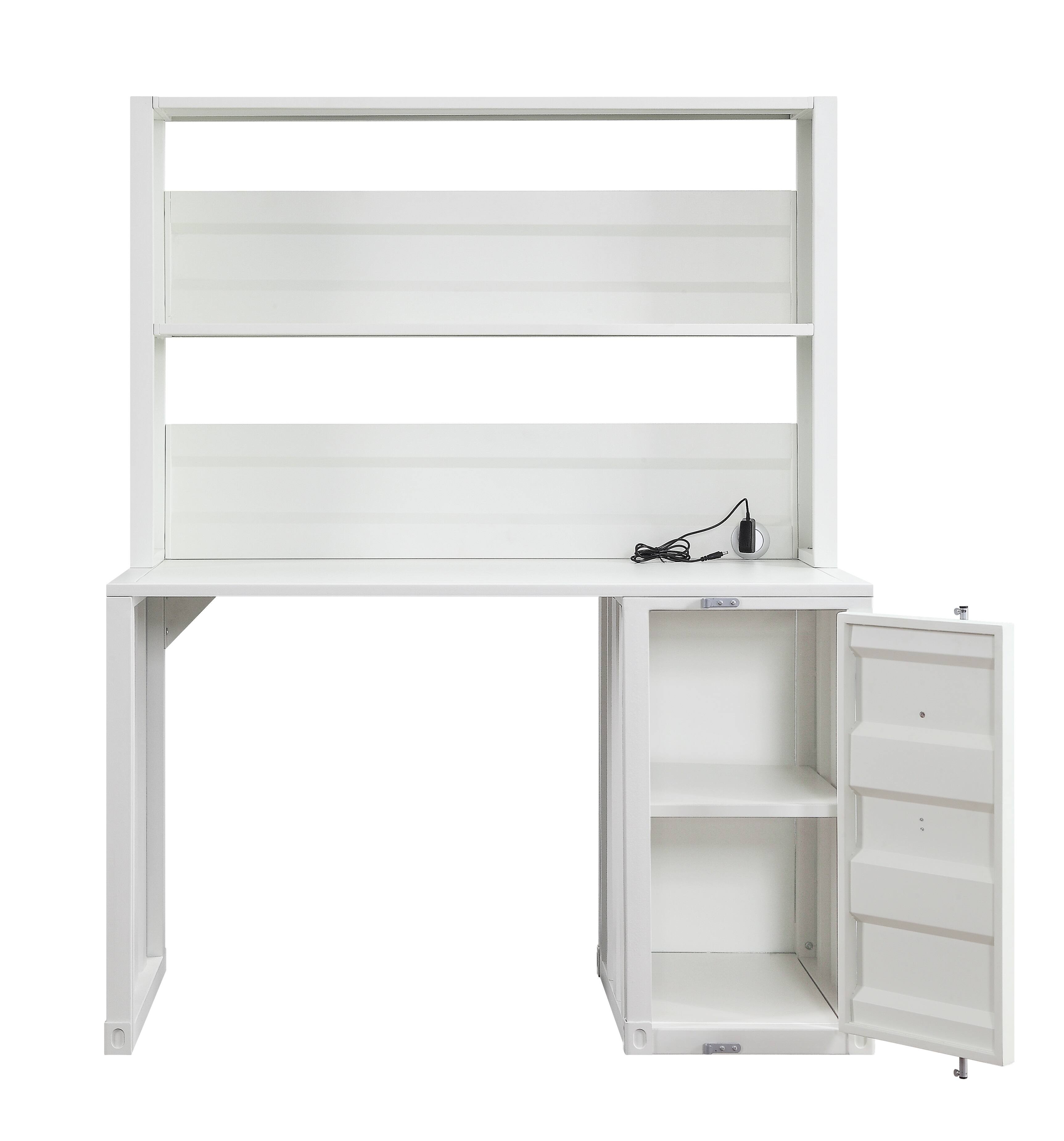 Left. Manhattan Lane - Metal Base Desk and Hutch with Slated Pattern and Storage Compartment, White - White.