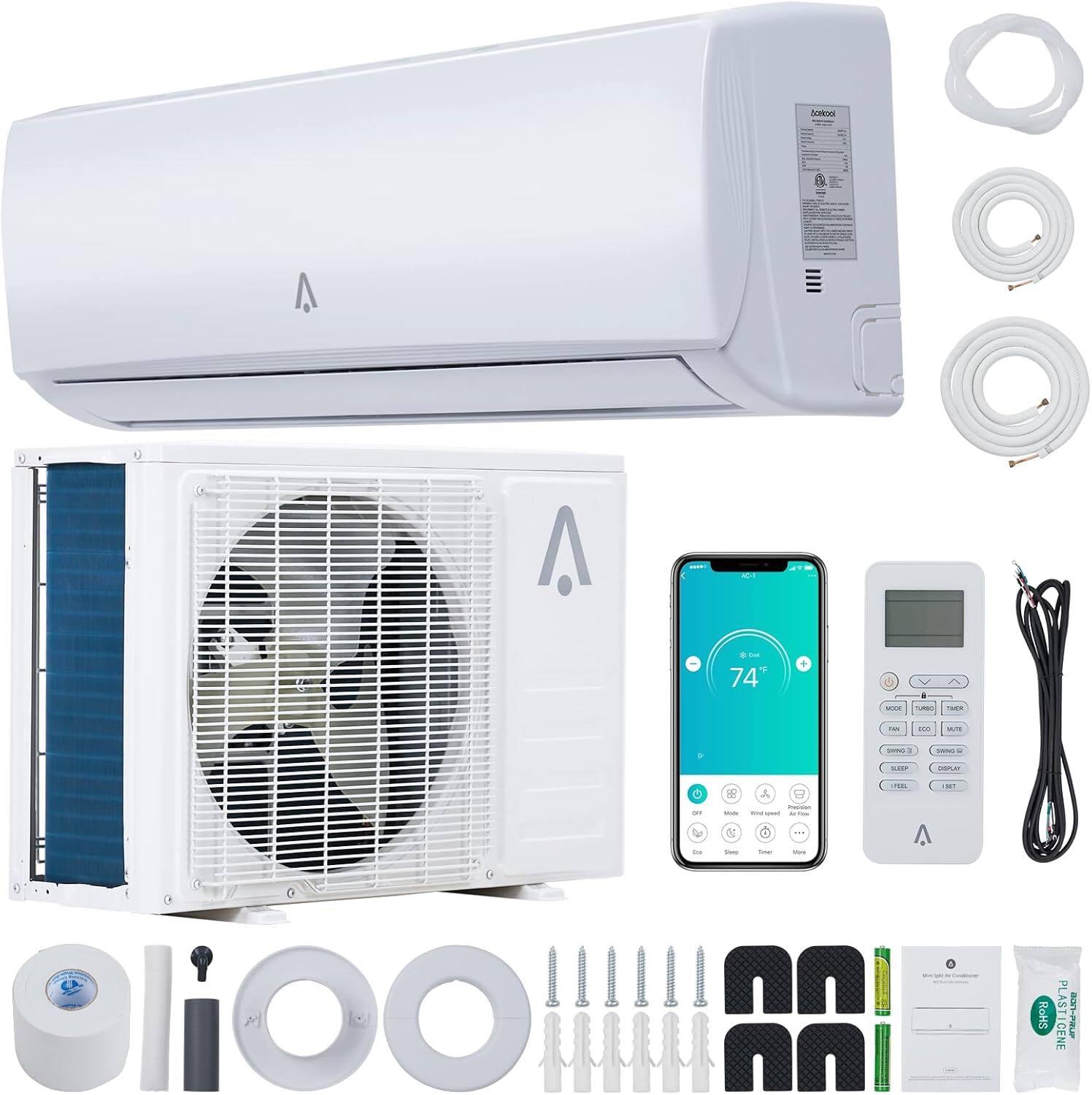 Qeetex - 12000 Btus Wifi Split-System Air Conditioners Heat Pump R454B 21 SEER2 115V Inverter Ductless Split AC Unit 750 Sq. Ft