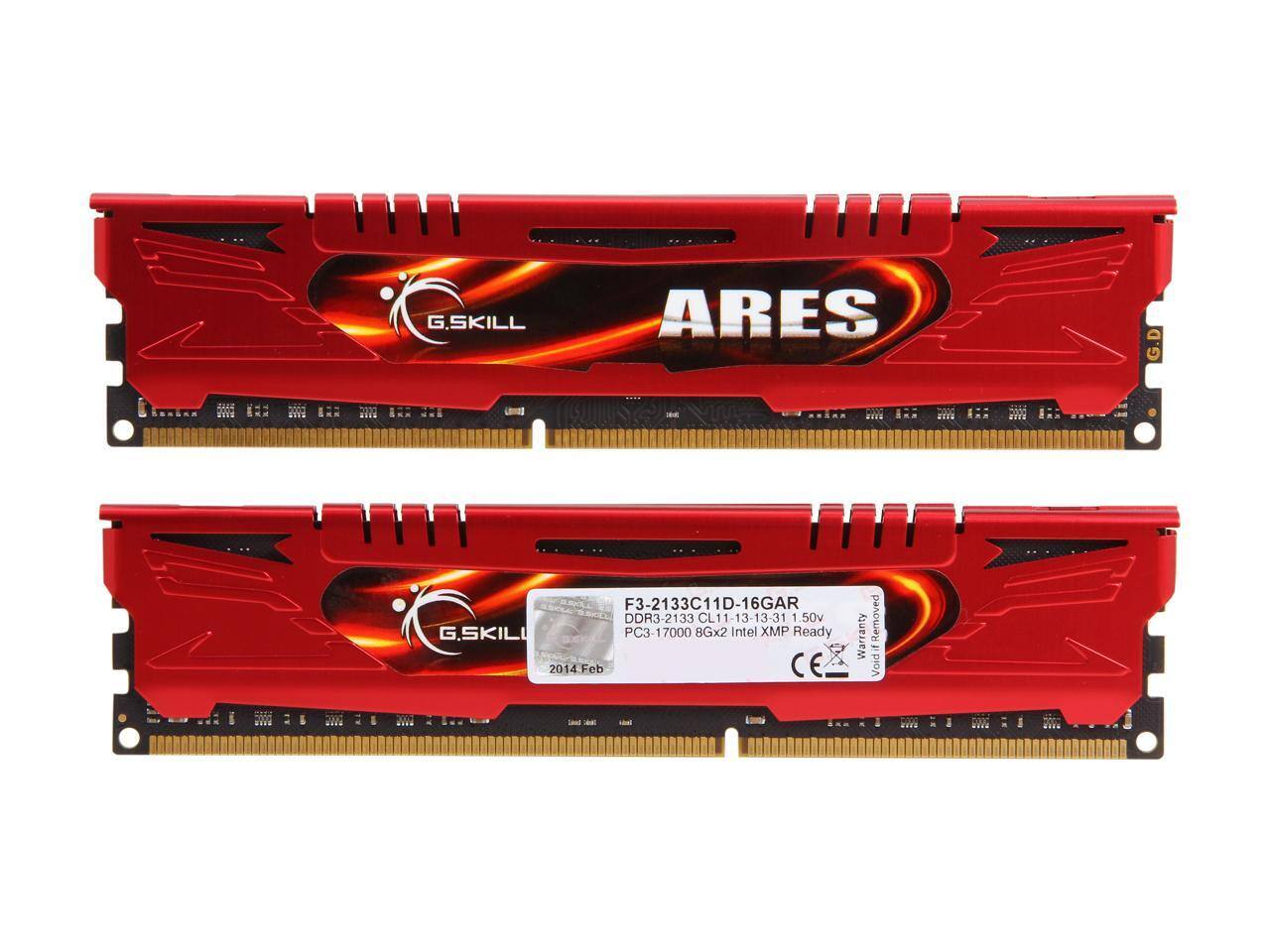 G.SKILL ARES  
F3-2133C11D-16GAR  
DDR3-2133 CL11-13-13-31 1.50V  
Intel XMP Ready  
Warranty Void if Removed  
2014 Feb  
PC3-17000 8Gx2  
CEA
