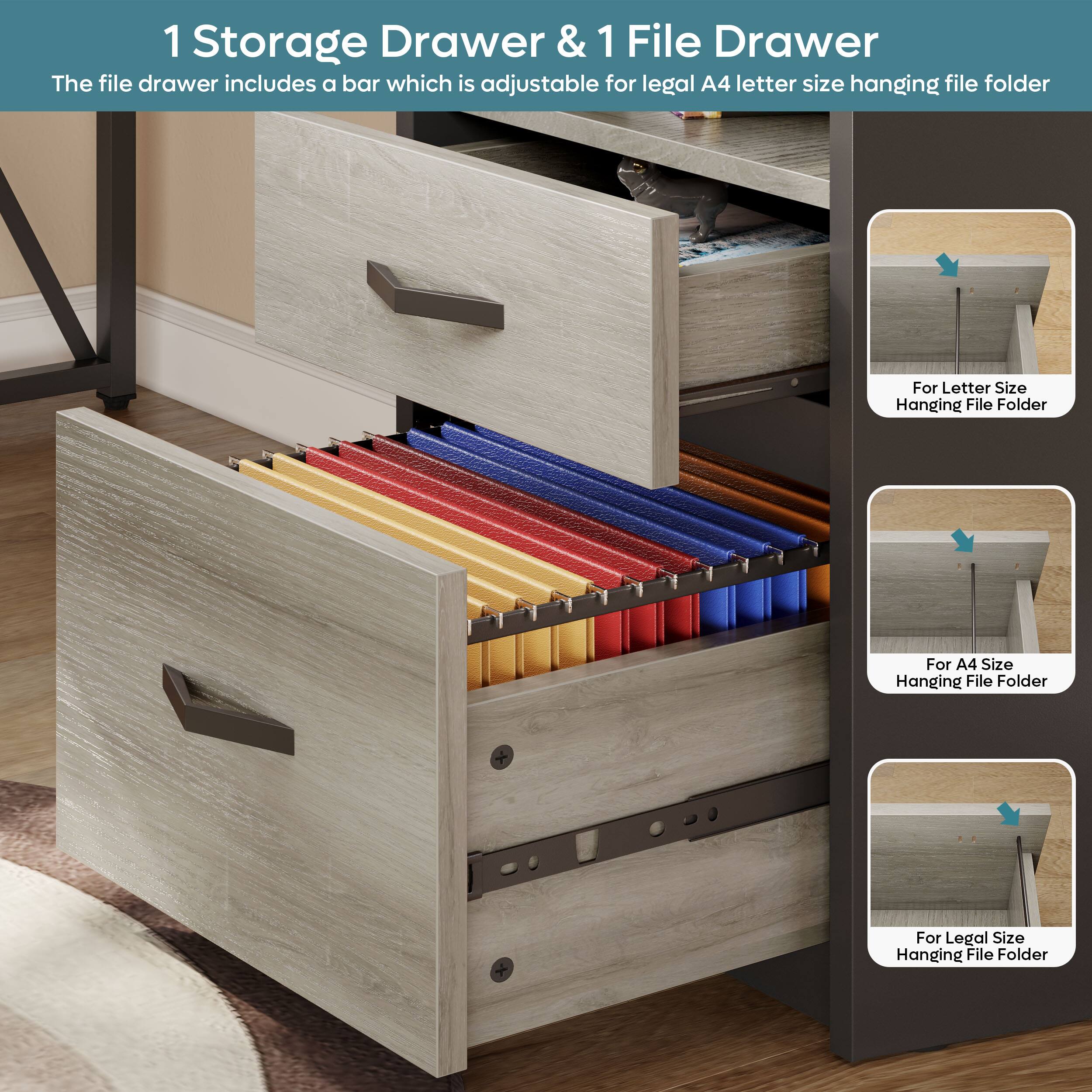The image features a 1 Storage Drawer & 1 File Drawer, which includes a bar that is adjustable for legal A4 letter size hanging file folders. The drawer is designed to hold letter-sized hanging file folders, making it a practical and organized storage solution.