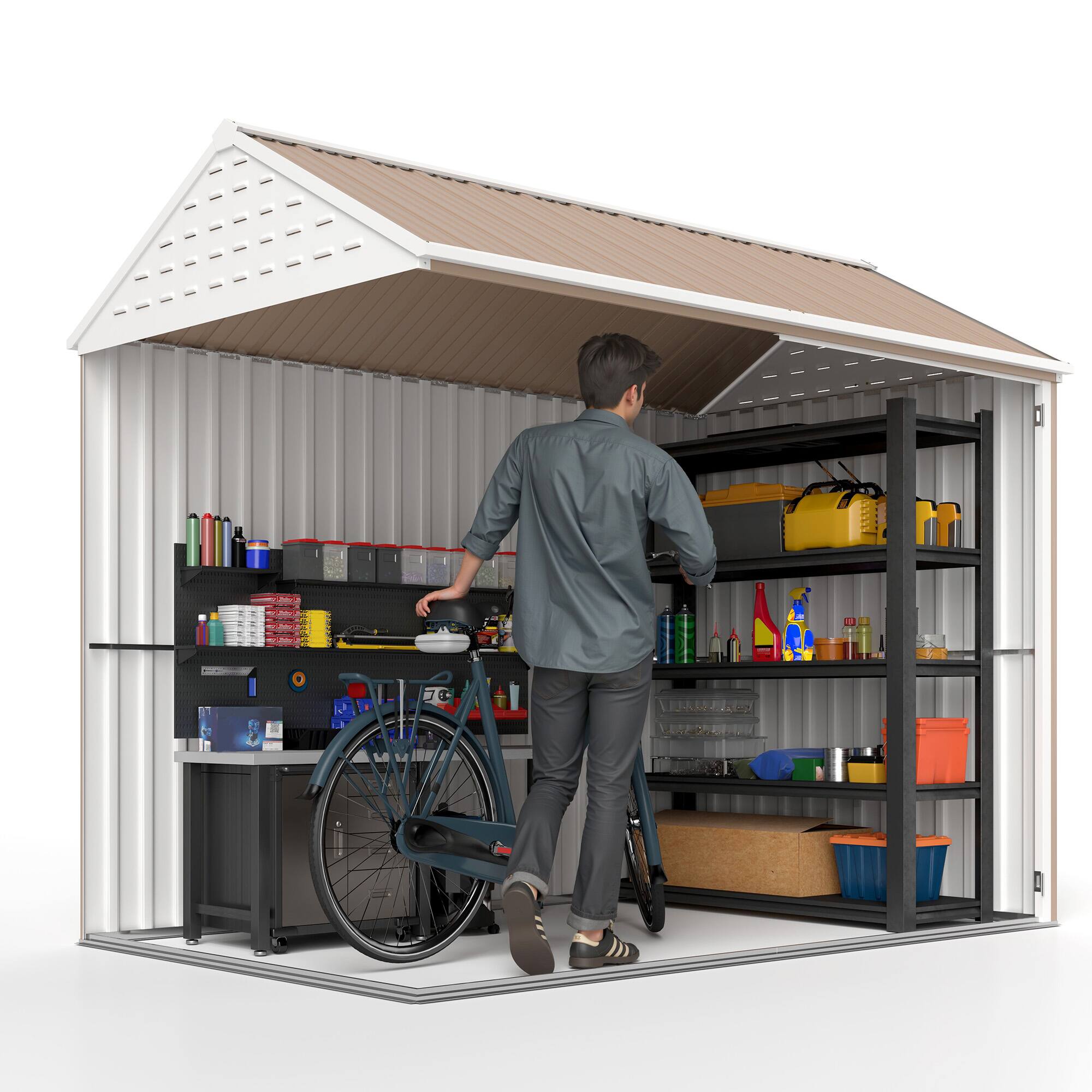 【LENO】 Outsunny 4 ft. W x 8 ft. D White Metal Lean to Garden Shed