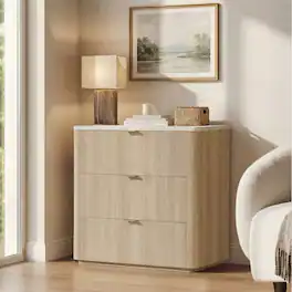 ModernMate - 31.5"W 3 Drawers Dresser Modern Faux Travertine Dresser Chest for Bedroom Living Room - Natural Oak