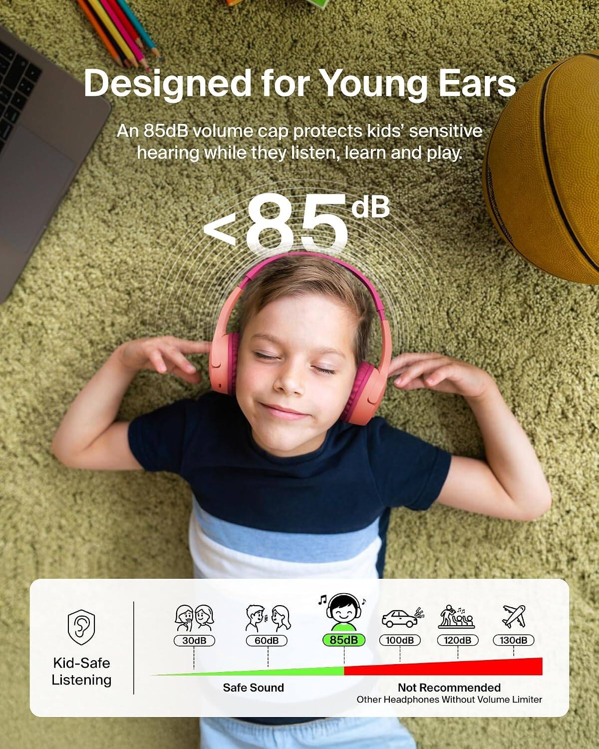Designed for Young Ears  
An 85dB volume cap protects kids' sensitive hearing while they listen, learn and play.  
<85dB  
30dB  
60dB  
85dB  
100dB  
120dB  
130dB  
Kid-Safe Listening  
Safe Sound  
Not Recommended Other Headphones Without Volume Limiter