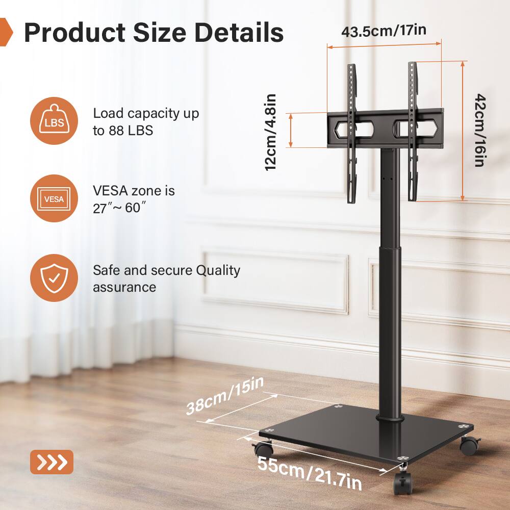 Product Size Details

- Load capacity up to 88 LBS
- VESA zone is 27" ~ 60"
- Safe and secure Quality assurance

Dimensions:
- 43.5cm/17in
- 42cm/16in
- 12cm/4.8in
- 38cm/15in
- 55cm/21.7in