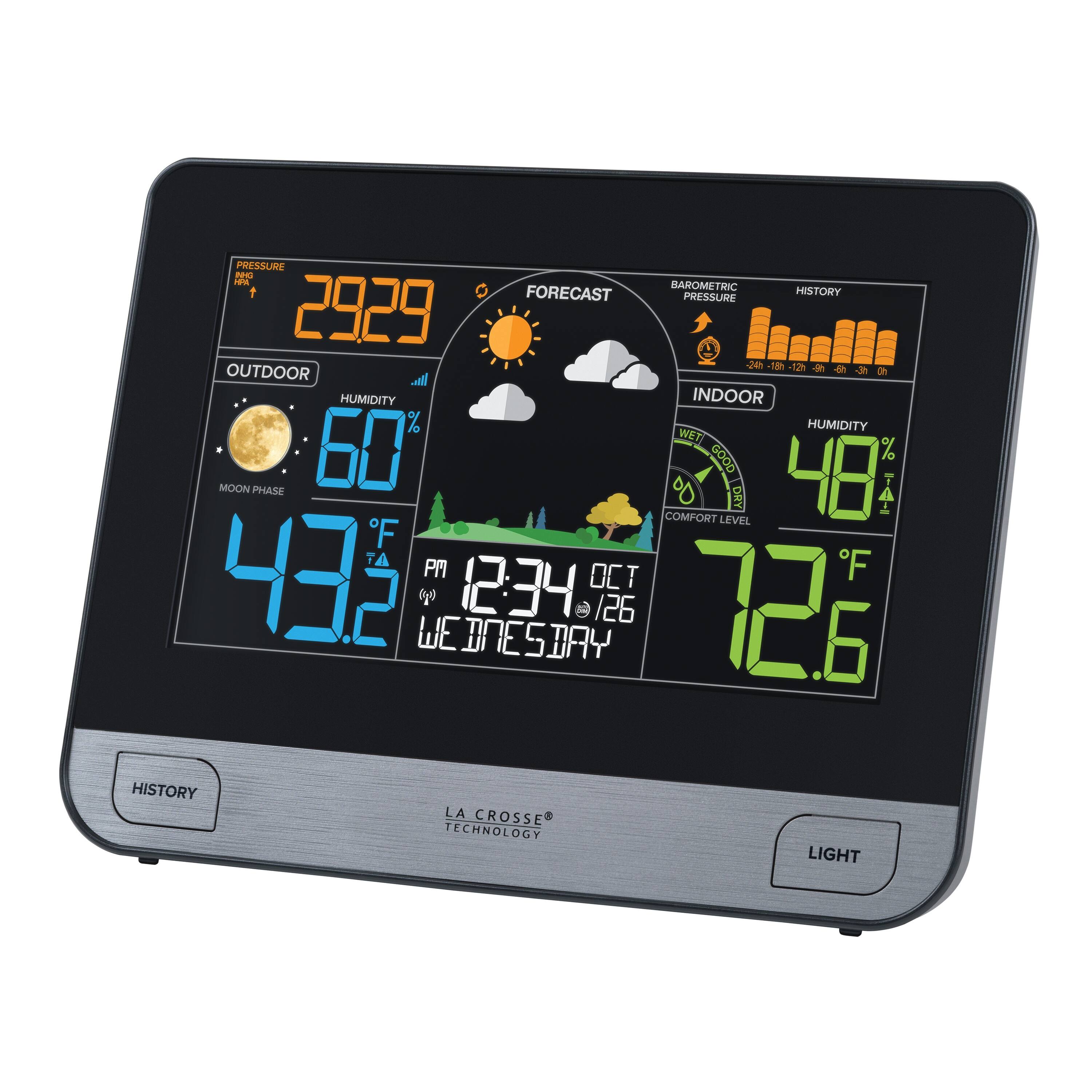 PRESSURE: 29.29  
BAROMETRIC PRESSURE FORECAST  
OUTDOOR: 43.2°F  
HUMIDITY: 60%  
MOON PHASE  
INDOOR: 72.6°F  
HUMIDITY: 48%  
COMFORT LEVEL  
FORECAST: SUNNY  
HISTORY: 12:34 PM, OCT 4, WEDNESDAY  
LA CROSSE TECHNOLOGY