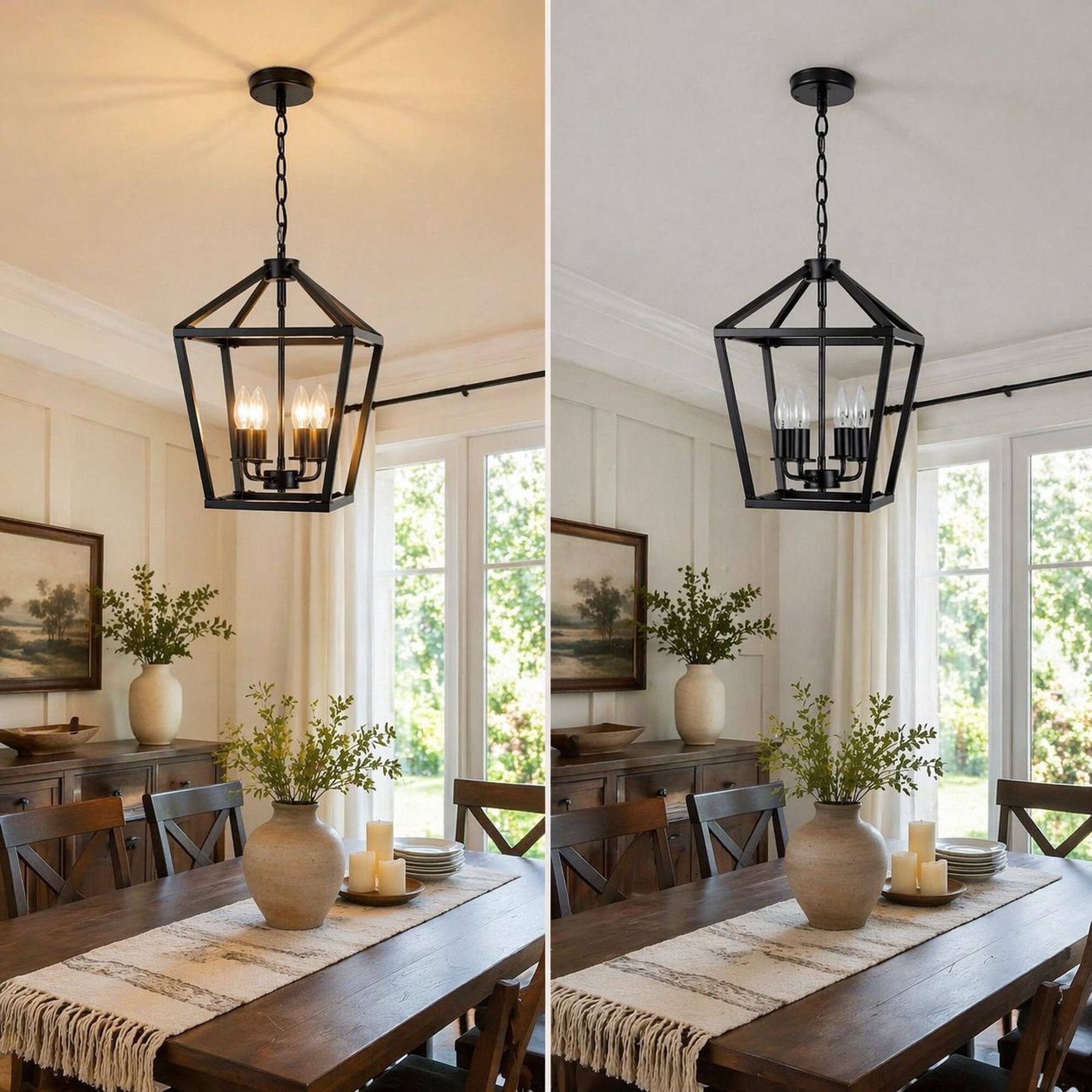 Alt View 2. RYHNUYNE - Rustic 4-Light Farmhouse Lantern Chandelier in Matte Black for Kitchen Island, Dining Room.