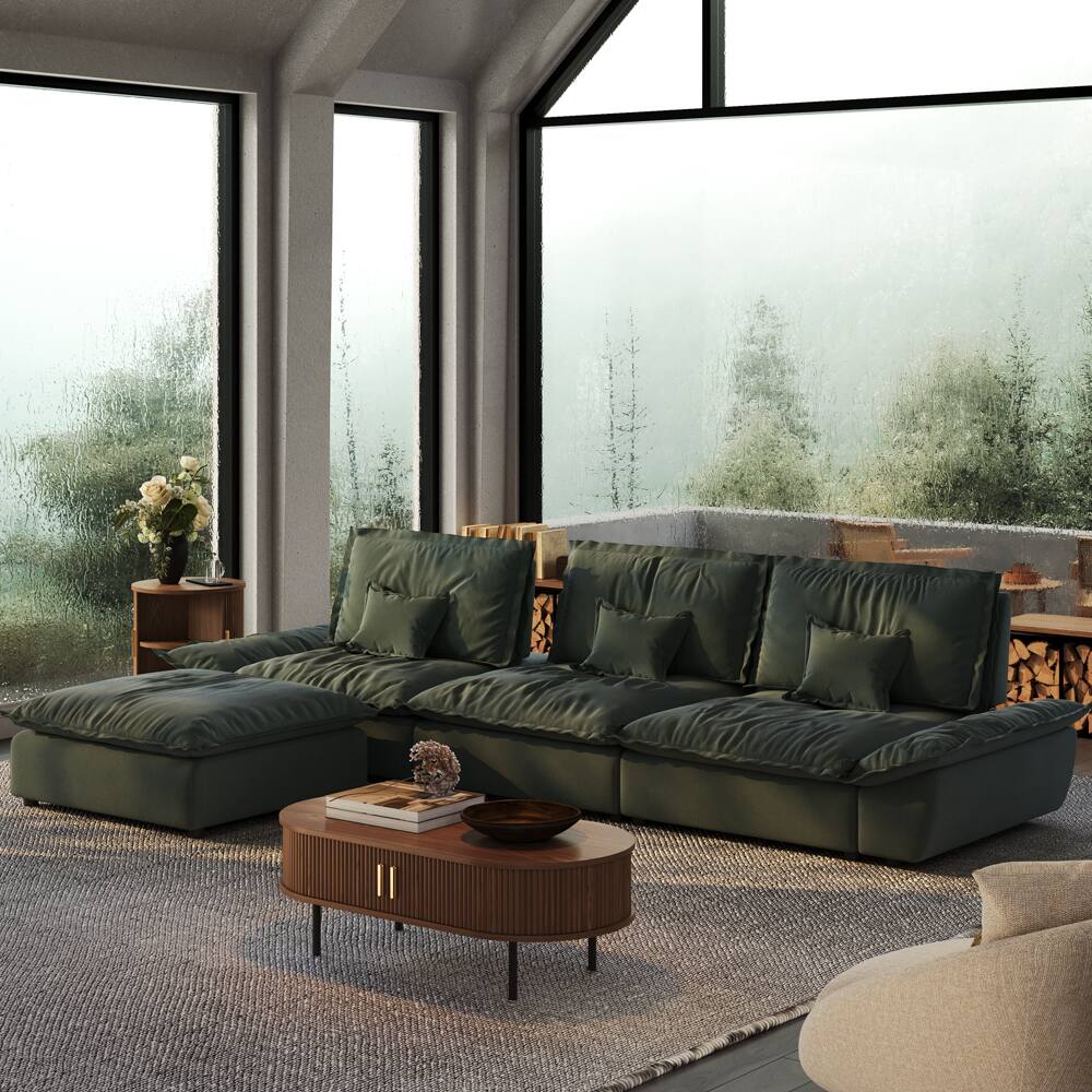 Left. POVISON - 141.73" Sailboat Deep Sofa Stain Resistant Cozy Couch with Ottoman - Green Suede Fabric.