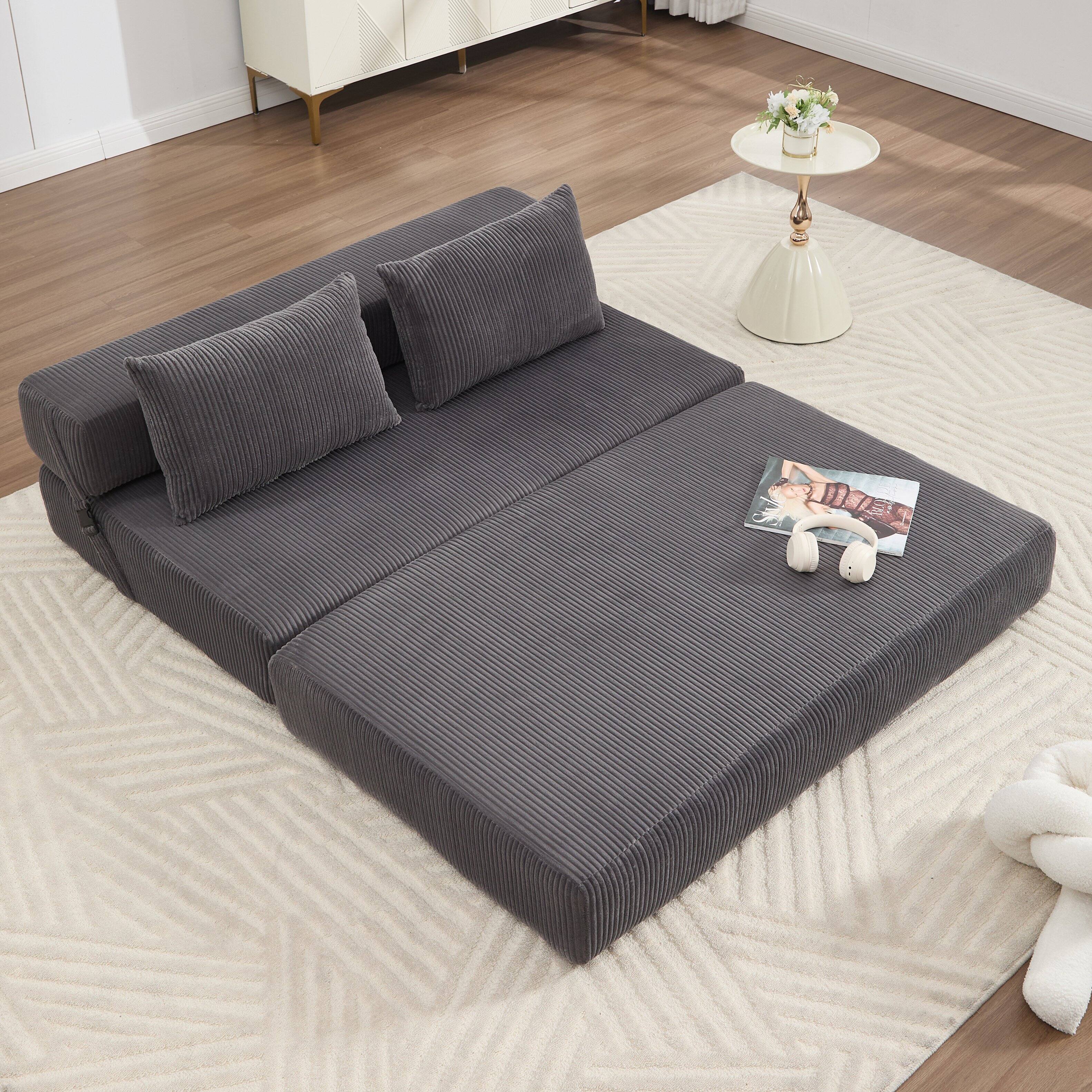 Angle. AENKYO - Convertible Folding Sofa Bed,Loveseat Sleeper,Full Size Corduroy Floor Couch Mattress for Living Room - Gray.