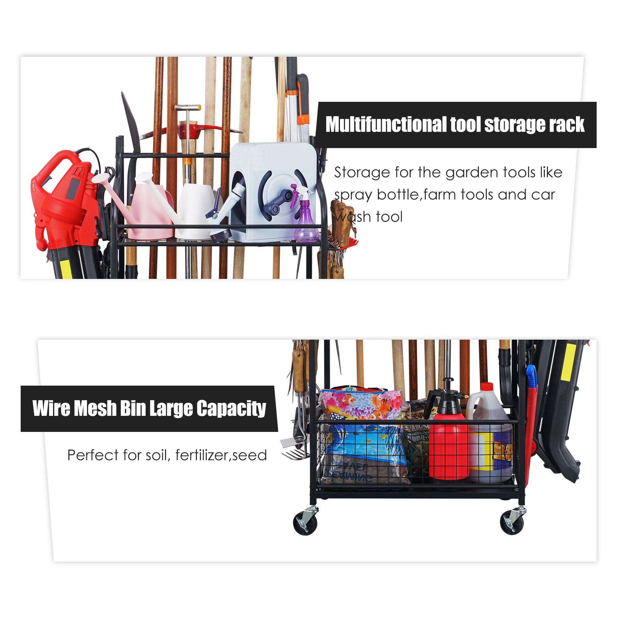 Multifunctional tool storage rack  
Storage for the garden tools like spray bottle, farm tools and car wash tool  

Wire Mesh Bin Large Capacity  
Perfect for soil, fertilizer, seed