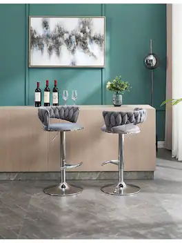Trinkets Crazed - Velvet Bar Stools Set Of 2, Modern Swivel Barstools With Woven Backrest, Adjustable Counter Stools - Gray