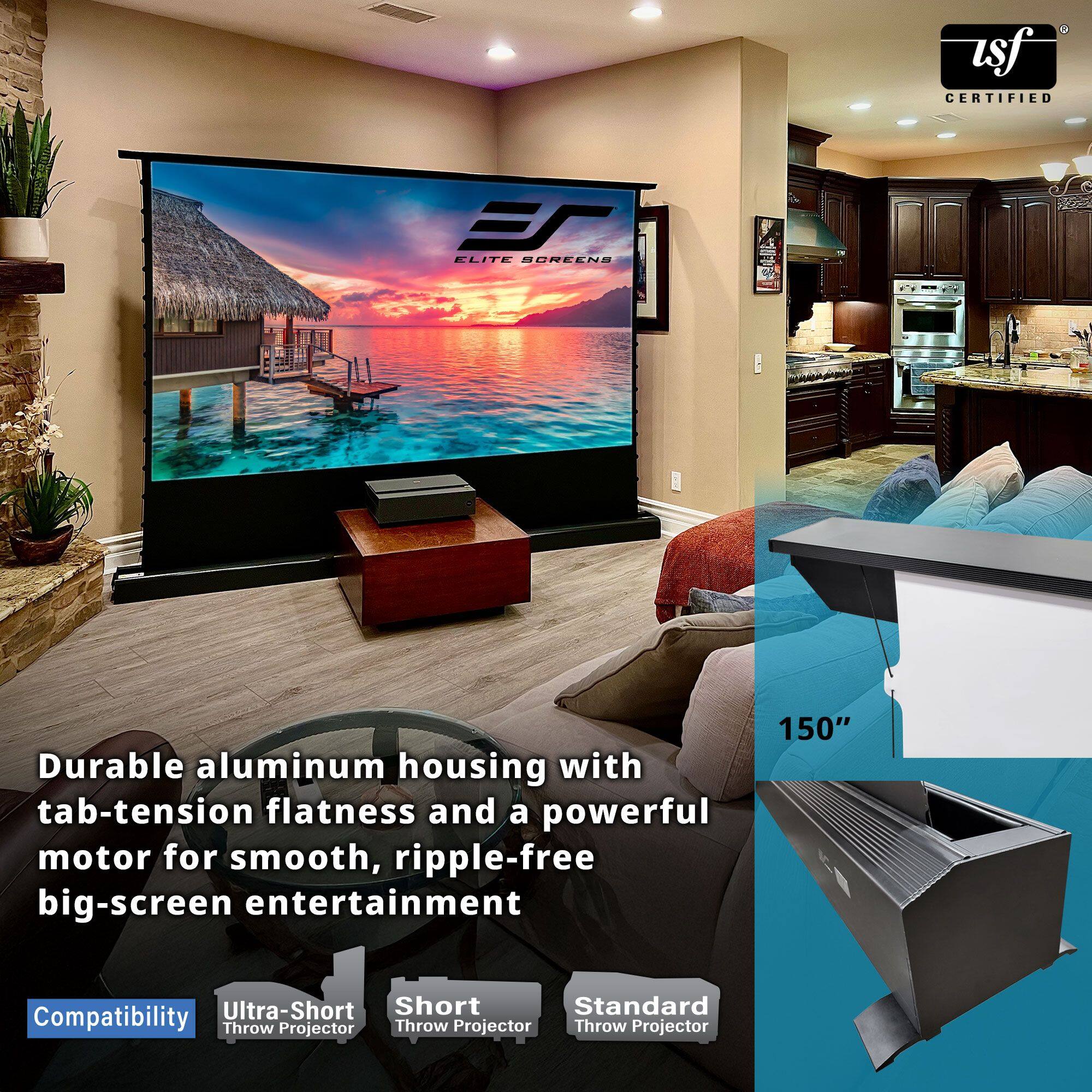 - Durable aluminum housing with tab-tension flatness and a powerful motor for smooth, ripple-free big-screen entertainment
- 150"
- Compatibility: Ultra-Short Throw Projector, Short Throw Projector, Standard Throw Projector
- Ultra-Short Throw Projector
- Short Throw Projector
- Standard Throw Projector
- Certified by ISF