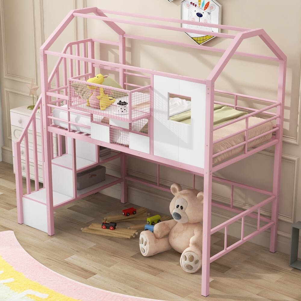 Angle. Loheer - Loheer Metal Loft Bed Twin Size Pink House Bed with Storage - Pink.