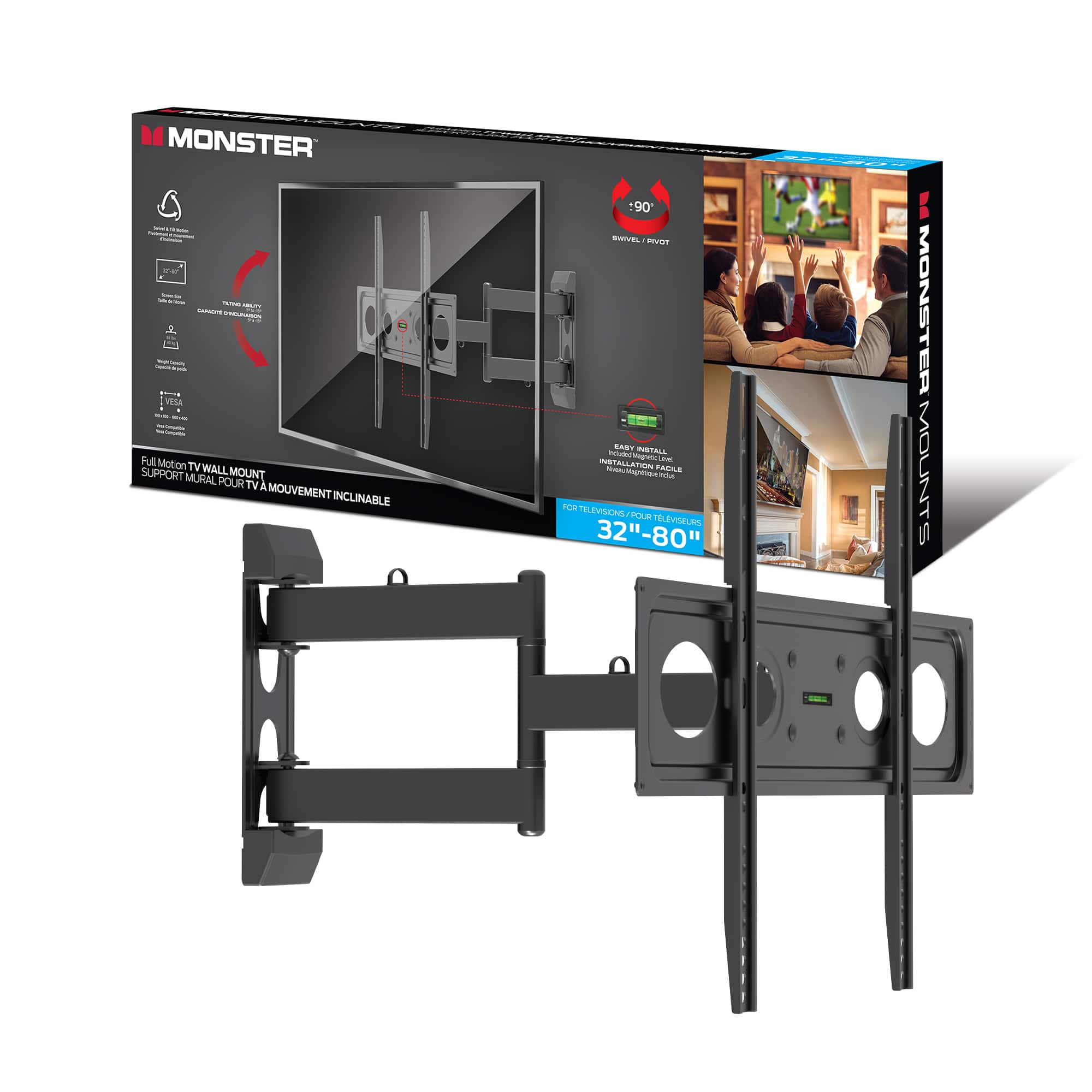 Monster - Full Motion TV Mount for 32”-80” TVs up to 88 Lbs., Flat Panel Swivel & Tilt Television Mount - Black