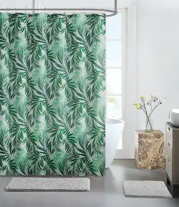 Front. Kate Aurora - Kate Aurora Tropical Rainforest Banana Fern Leaves Fabric Shower Curtain - Standard Size - Beige.