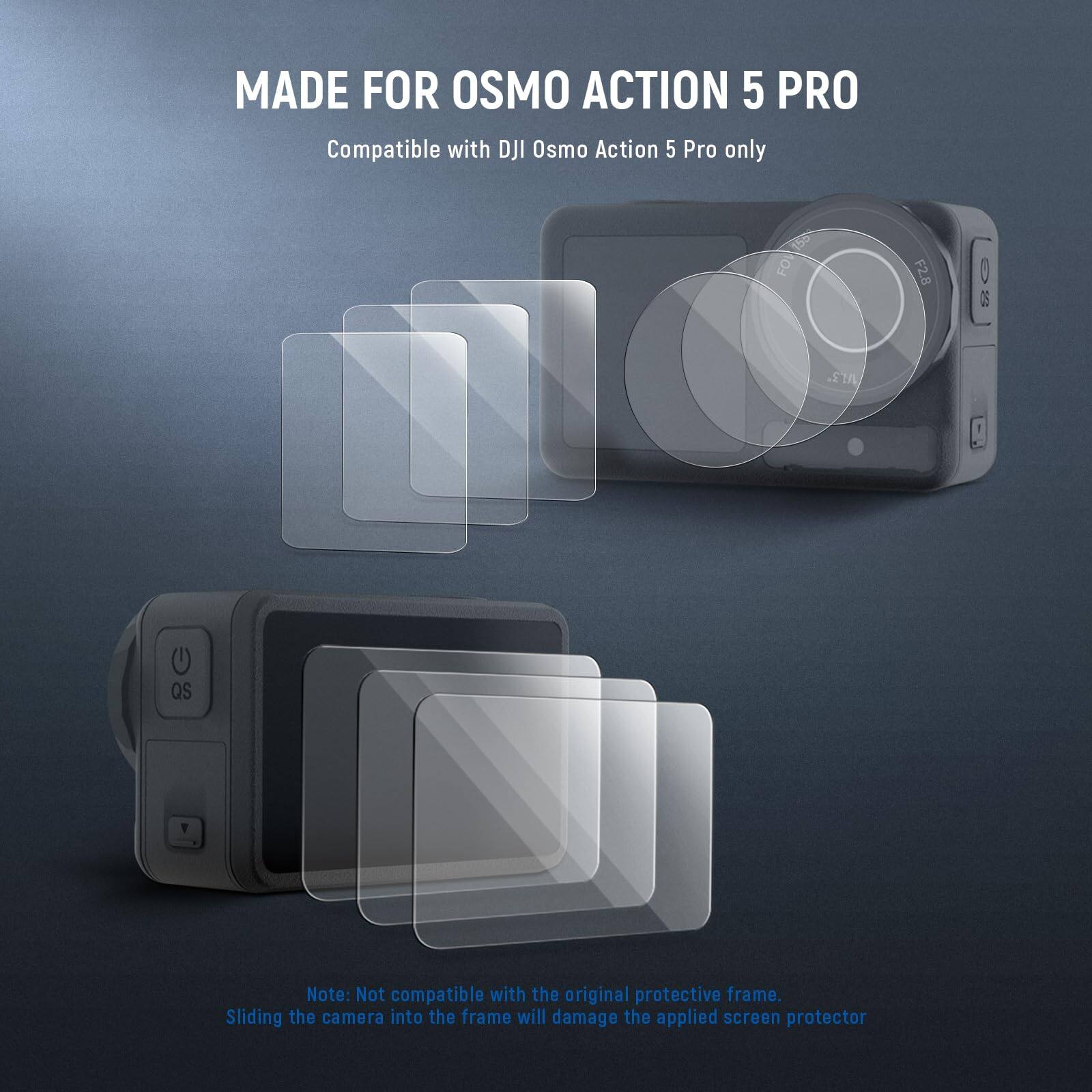 MADE FOR OSMO ACTION 5 PRO  
Compatible with DJI Osmo Action 5 Pro only  

Note: Not compatible with the original protective frame.  
Sliding the camera into the frame will damage the applied screen protector