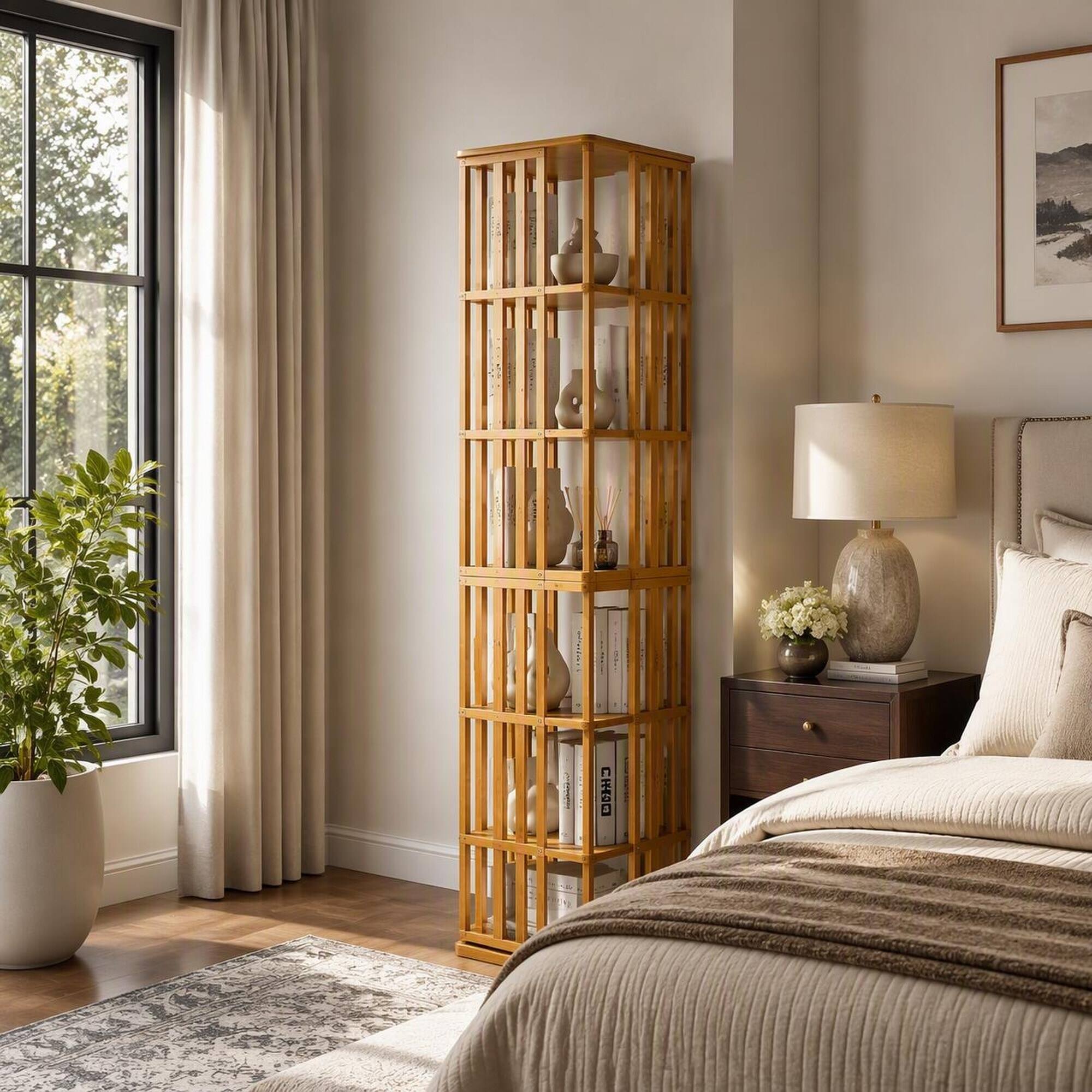 Left. RYHNUYNE - 70 in 6-Tier 360° Rotating Bookshelf Tower Bamboo Narrow Floor Standing Spinning Bookcase Storage Rack - Brown.
