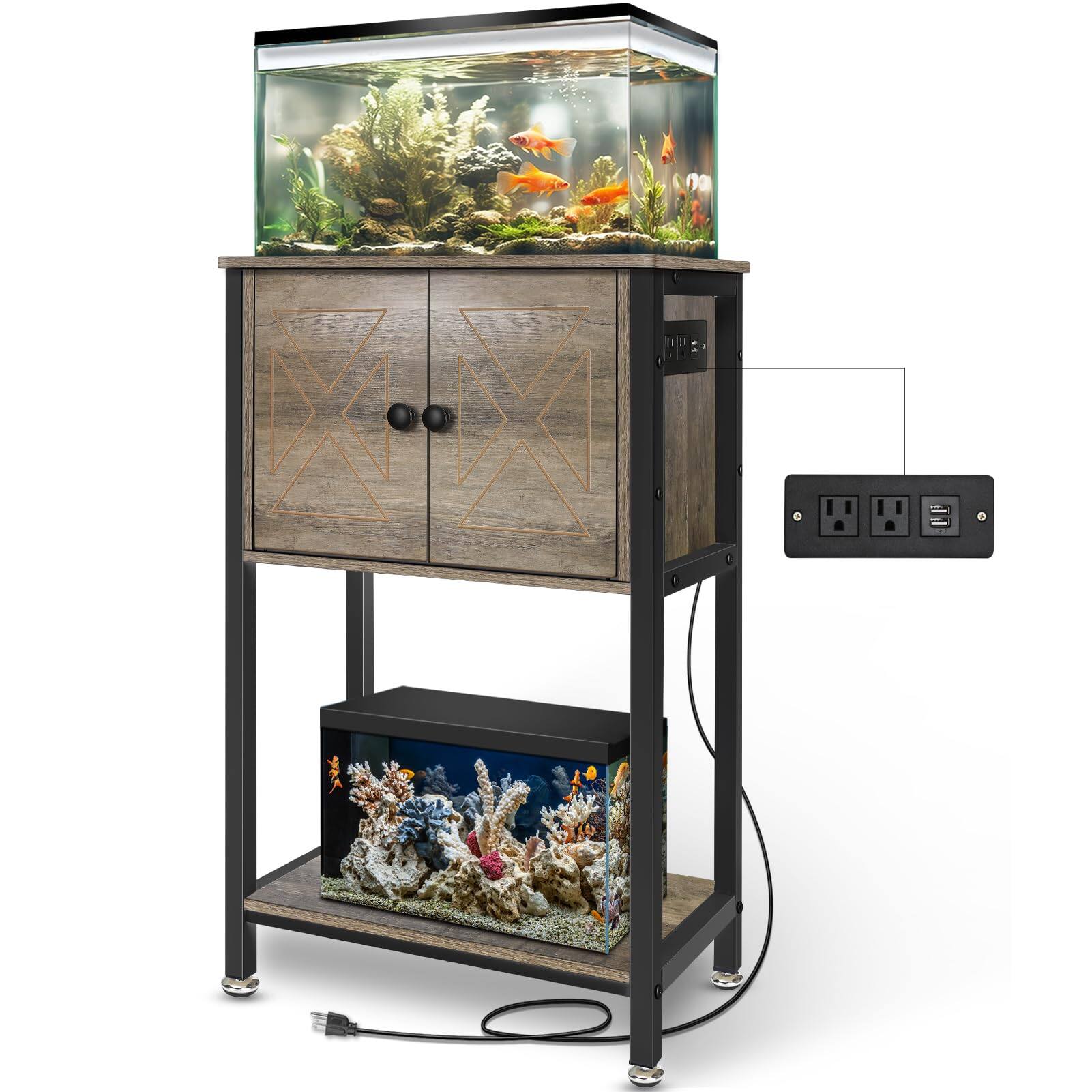 Front. HOMLUX - 5-10 Gallon Fish Tank Stand, Heavy Duty Aquarium Stand with Cabinet & Power Outlets, Grey - Grey.