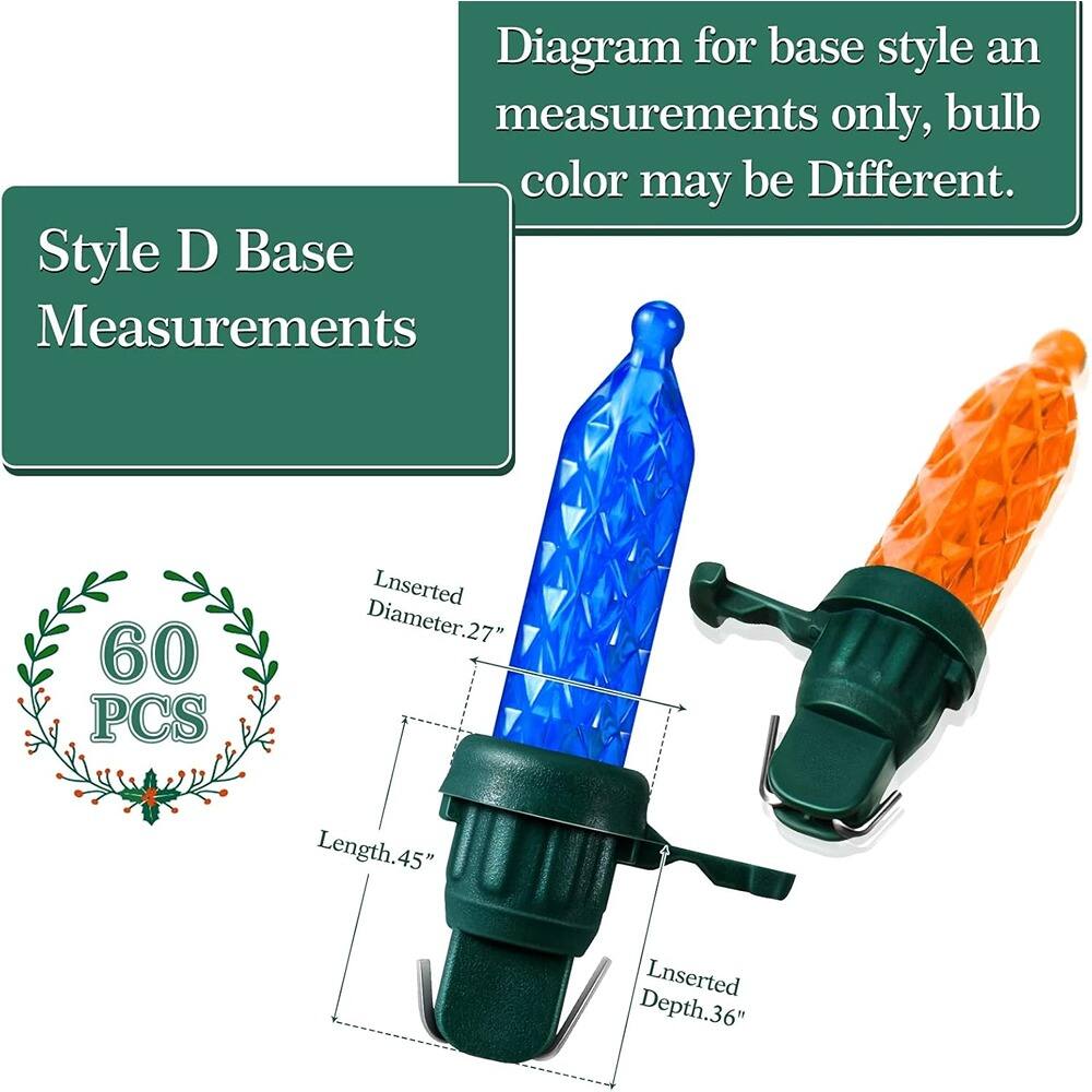 Diagram for base style and measurements only, bulb color may be Different.

Style D Base Measurements

60 PCS

Inserted Diameter: .27"
Length: .45"
Inserted Depth: .36"