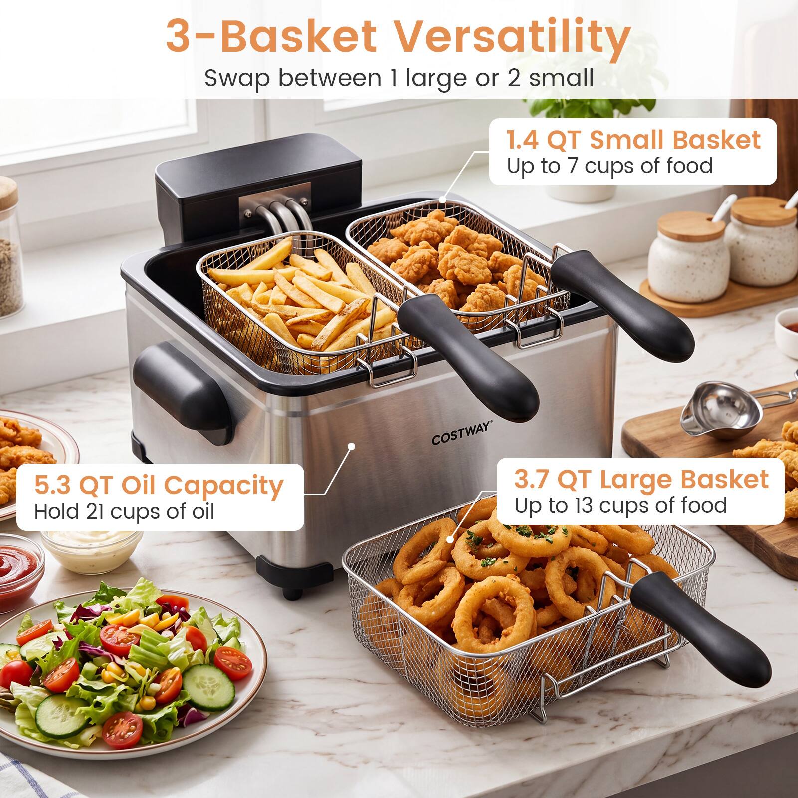 3-Basket Versatility  
Swap between 1 large or 2 small  

1.4 QT Small Basket  
Up to 7 cups of food  

5.3 QT Oil Capacity  
Hold 21 cups of oil  

3.7 QT Large Basket  
Up to 13 cups of food