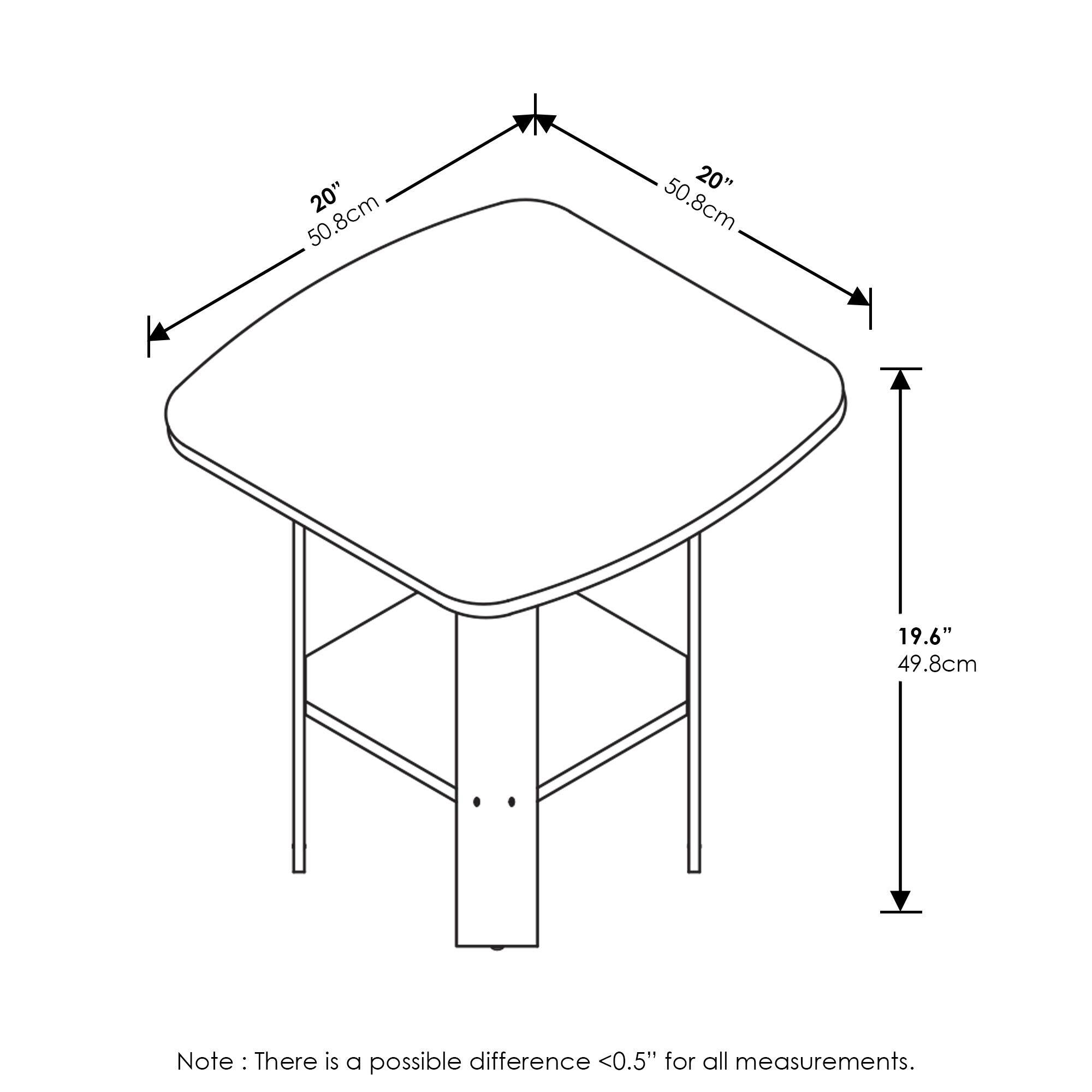 20" 50.8cm  
20" 50.8cm  
19.6" 49.8cm  

Note: There is a possible difference <0.5" for all measurements.