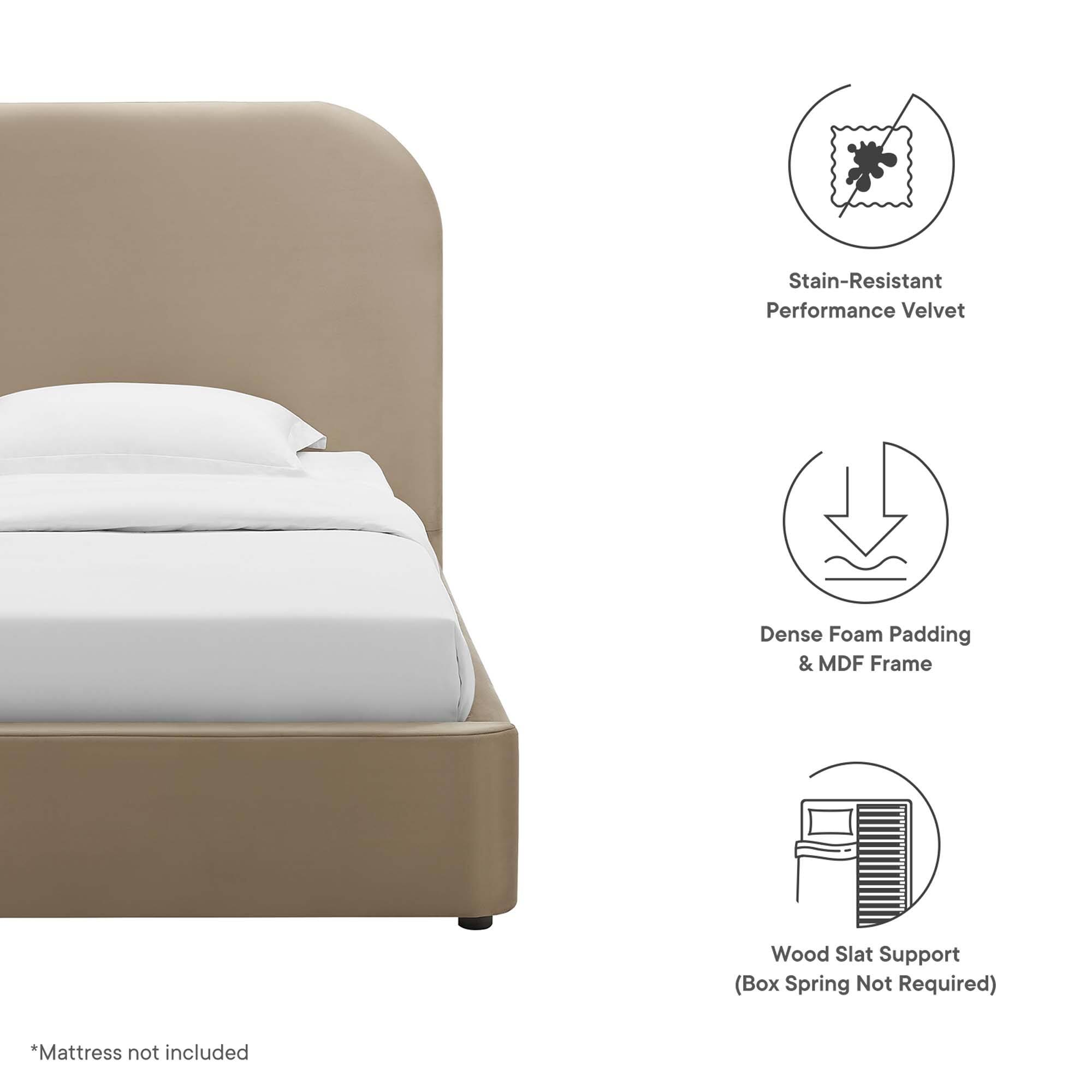 - Stain-Resistant Performance Velvet
- Dense Foam Padding & MDF Frame
- Wood Slat Support (Box Spring Not Required)
- *Mattress not included