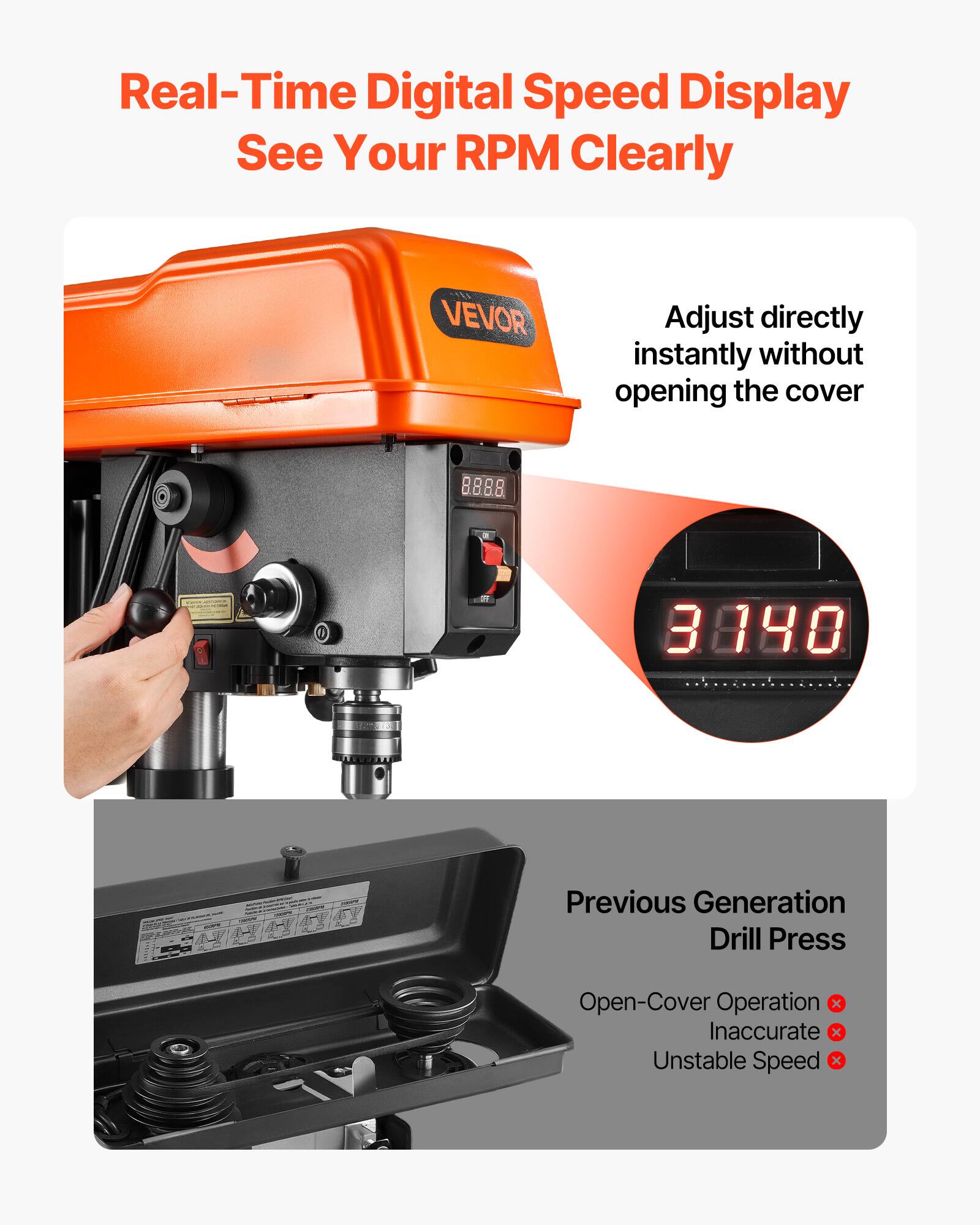 Real-Time Digital Speed Display  
See Your RPM Clearly

VEVOR

Adjust directly instantly without opening the cover

8.8.8.8.

3 140

Previous Generation Drill Press  
Open-Cover Operation  
Inaccurate  
Unstable Speed